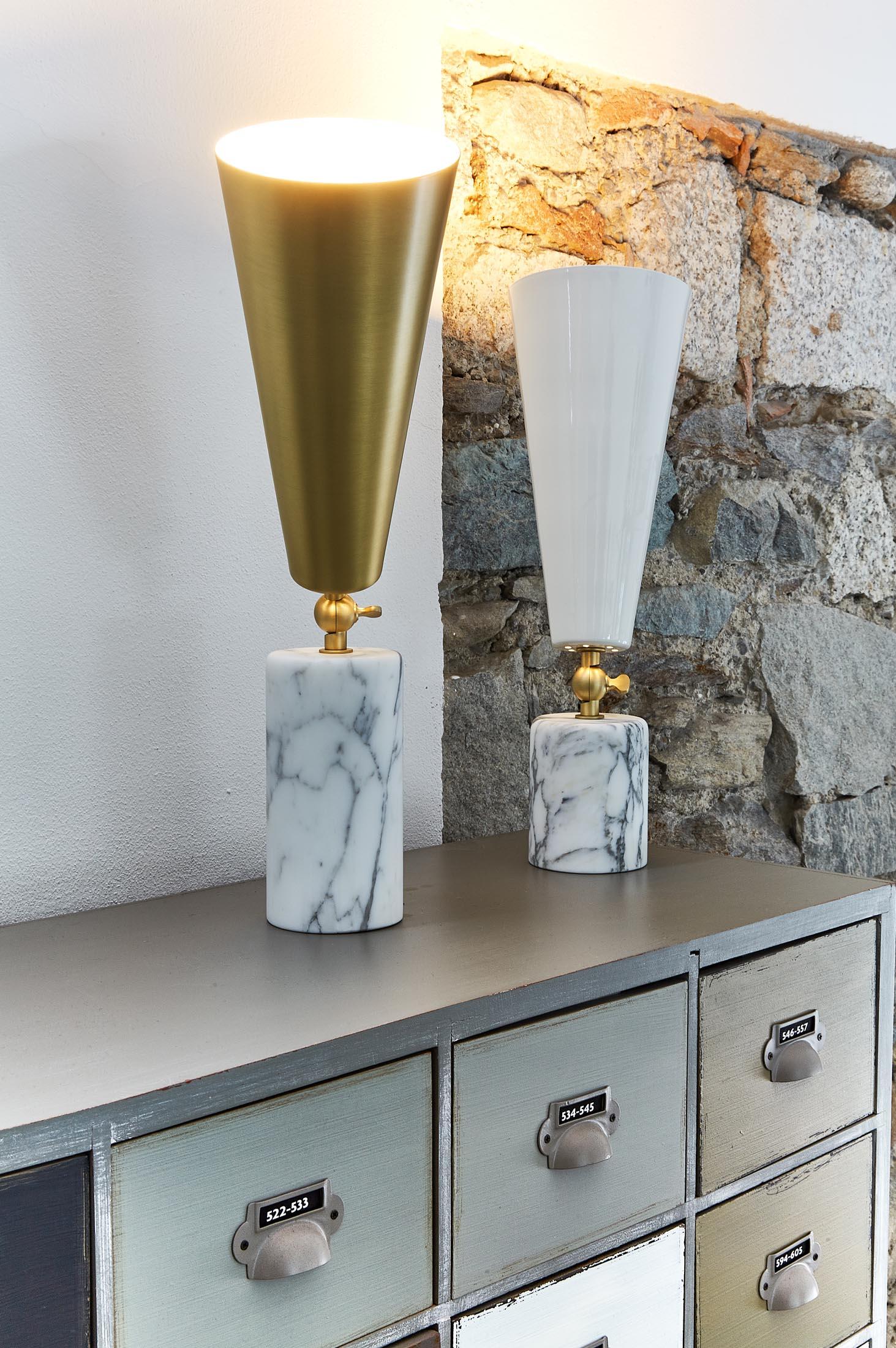 Contemporary Tato Italia 'Vox' Table Lamp in White Carrara Marble, Satin Brass, and White For Sale