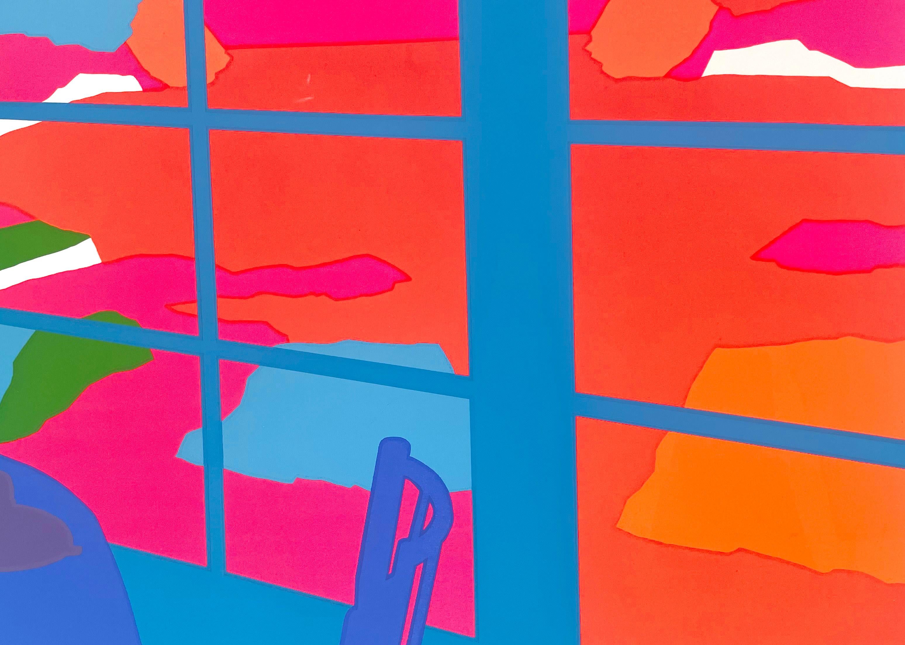 „Lunchtime - 5“ Fluorescent Multi Layer Siebdruck auf Papier

Unglaublich lebendiger Siebdruck von Tatsuo Matsubara (Japaner, geb. 1941). Der Himmel und das Wasser in diesem Bild sind leuchtend magenta und orange und scheinen zu glühen. Der