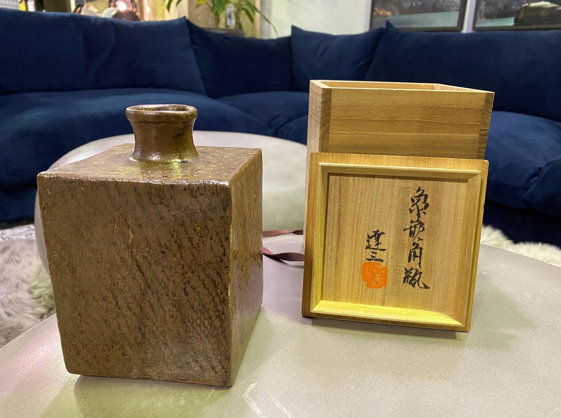 Tatsuzo Shimaoka Japanese Glazed Rope Inlay Pottery Ceramic Vase with Signed Box For Sale 9