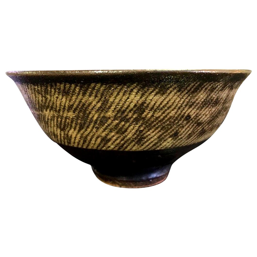 Tatsuzo Shimaoka Japanese Glazed Rope Inlay Pottery Tea Bowl Chawan, 1957