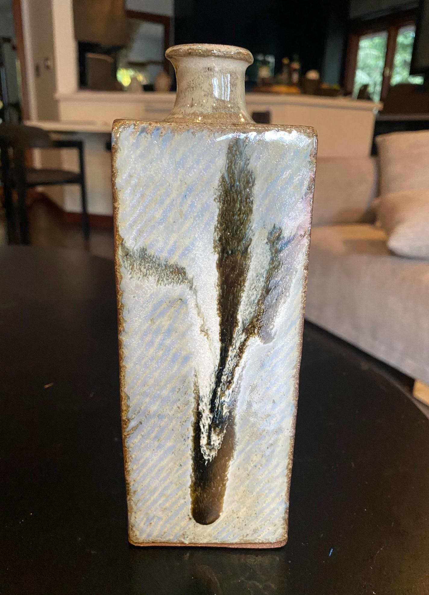 20th Century Tatsuzo Shimaoka Signed Exhibited Japanese Mingei Glazed Pottery Vase with Box
