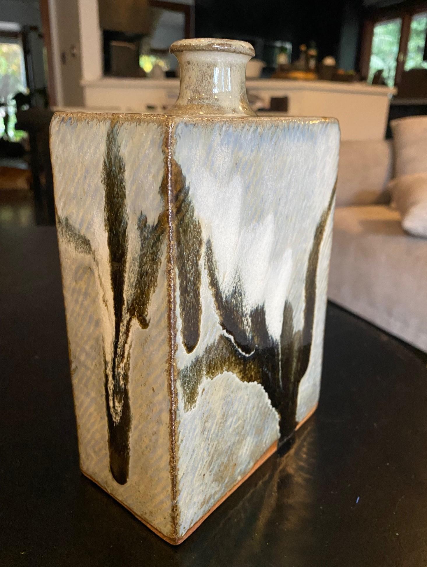 Earthenware Tatsuzo Shimaoka Signed Exhibited Japanese Mingei Glazed Pottery Vase with Box