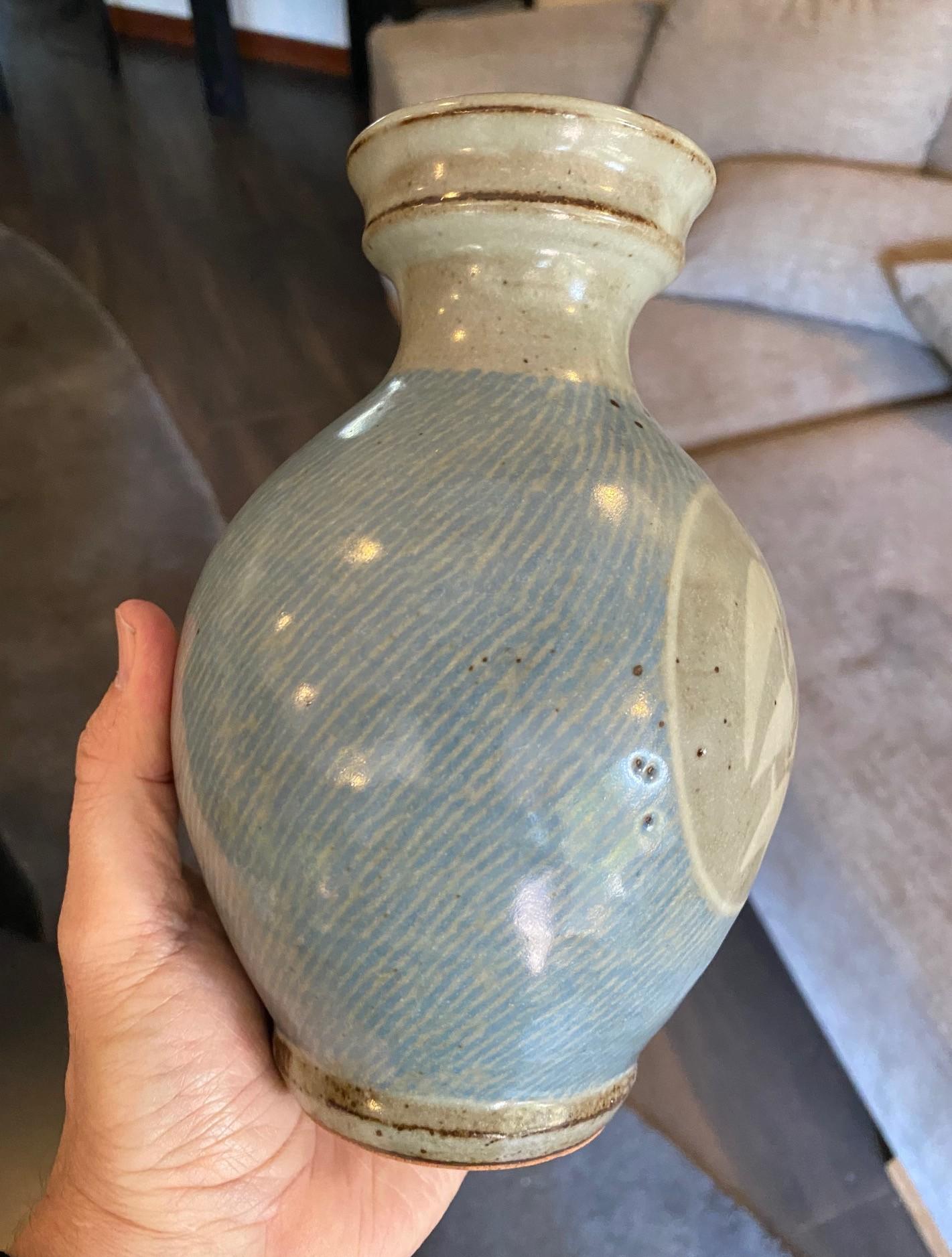 Tatsuzo Shimaoka Signed Japanese Mingei Pottery Glazed Rope Inlay Vase with Box For Sale 7