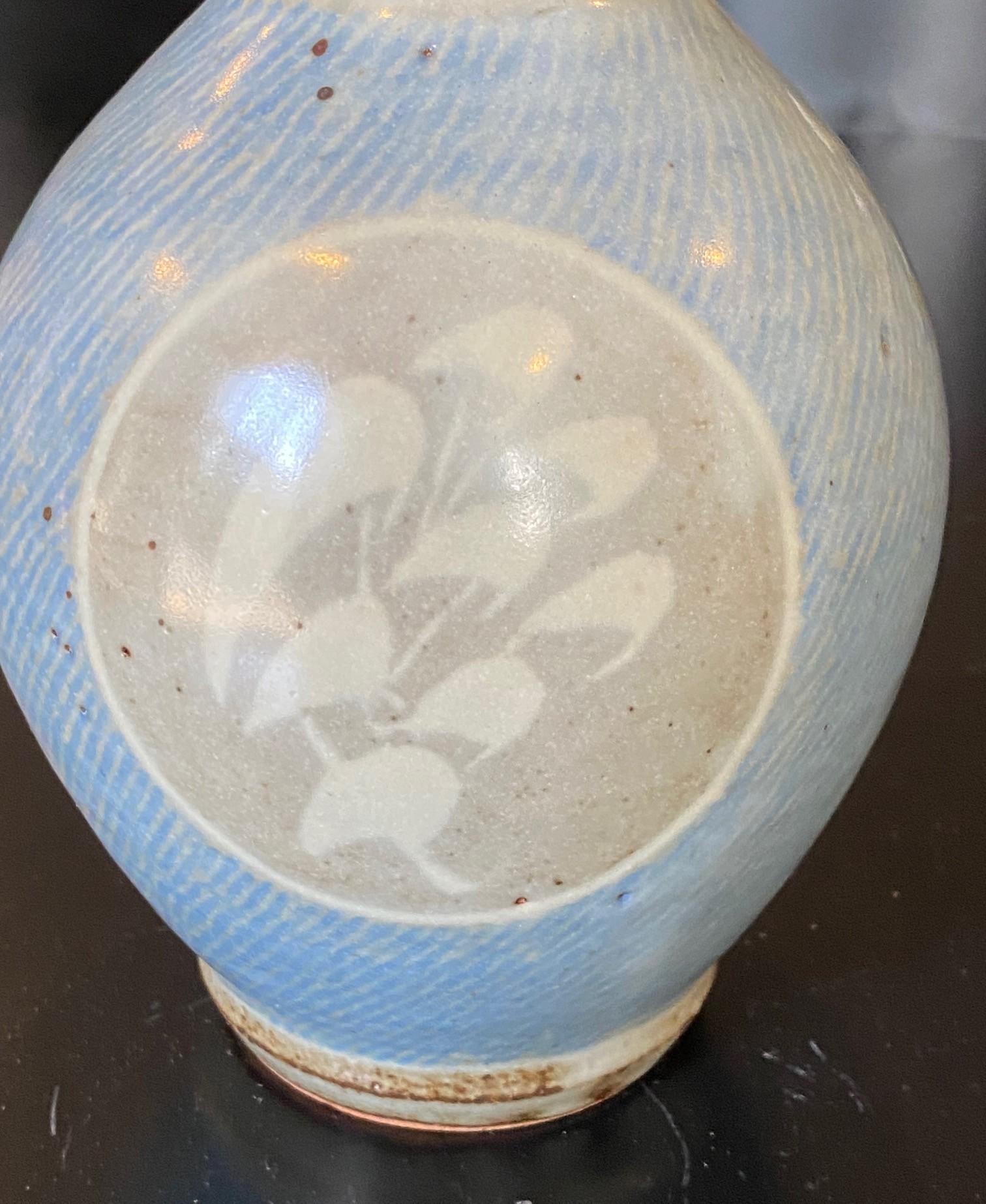 Showa Tatsuzo Shimaoka Signed Japanese Mingei Pottery Glazed Rope Inlay Vase with Box For Sale