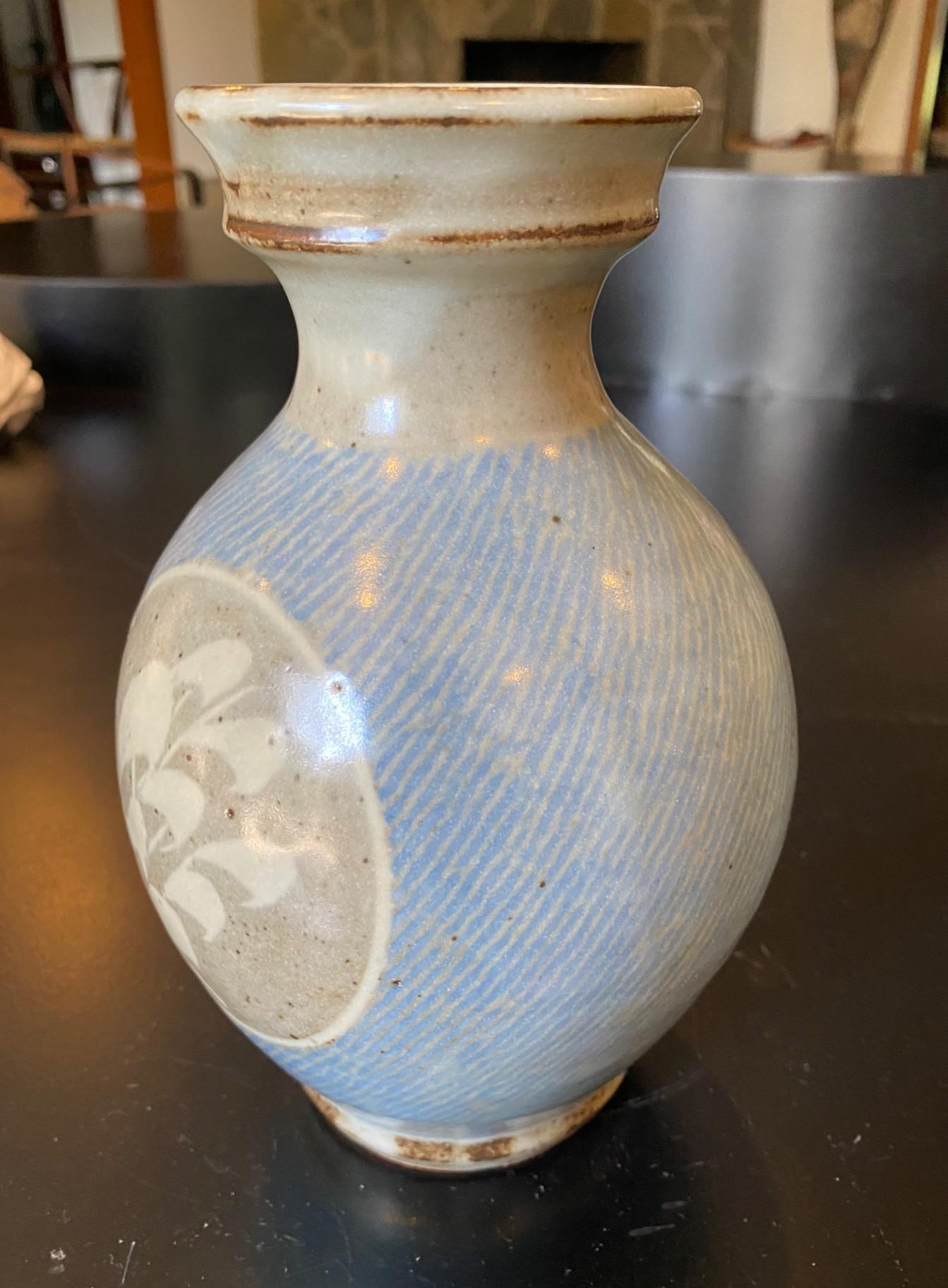 Tatsuzo Shimaoka Signed Japanese Mingei Pottery Glazed Rope Inlay Vase with Box For Sale 1