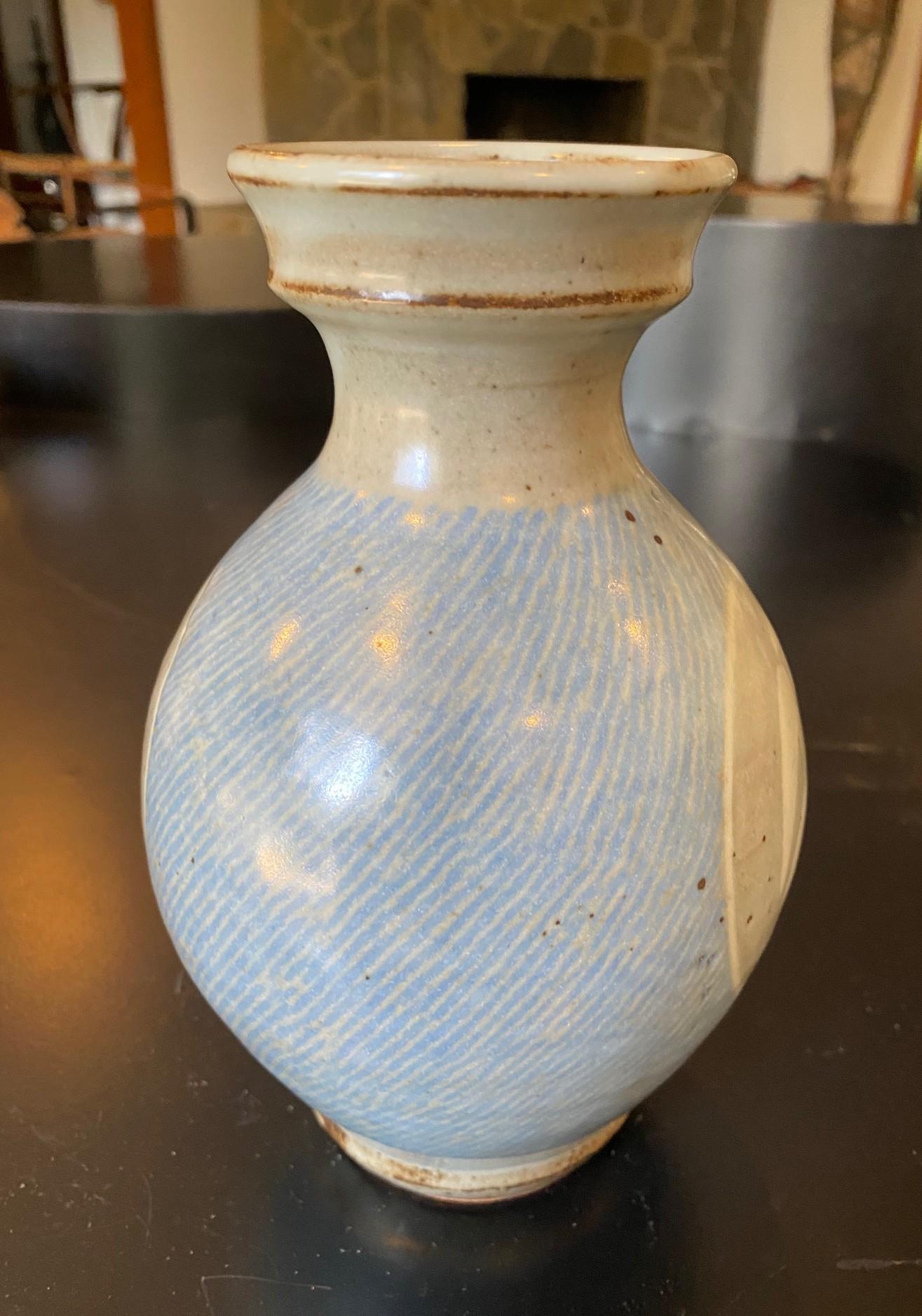 Tatsuzo Shimaoka Signed Japanese Mingei Pottery Glazed Rope Inlay Vase with Box For Sale 2