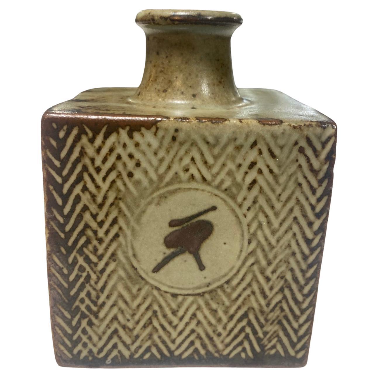 Tatsuzo Shimaoka, signierte japanische Vase aus Mingei-Keramik mit glasierter Seil-Intarsienarbeit und Schachtel