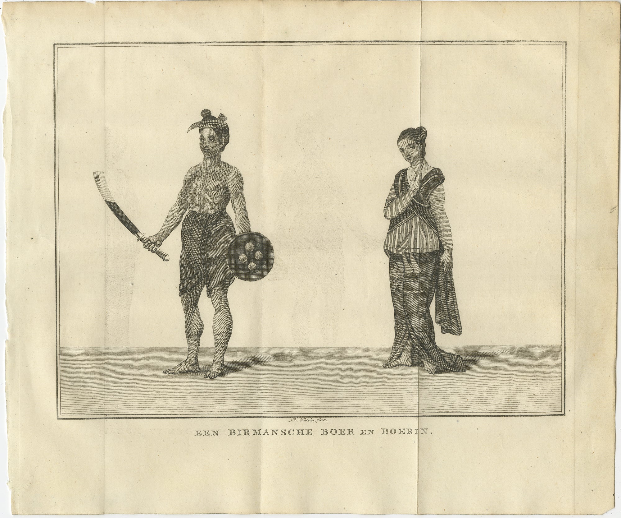 Granjero birmano tatuado y su esposa - Grabado antiguo sobre traje, hacia 1800

Este detallado grabado holandés de principios del siglo XIX titulado 