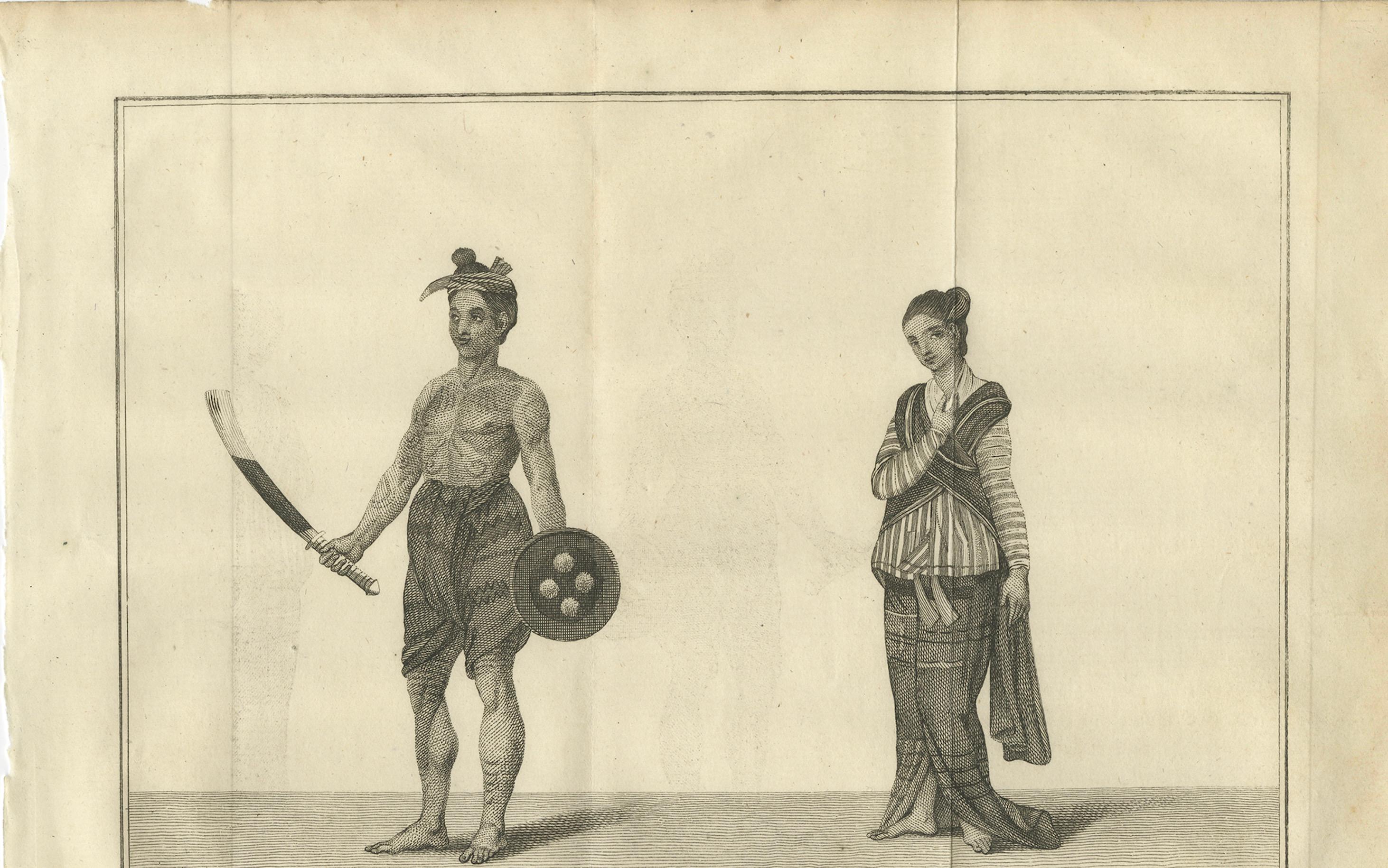 Granjero birmano tatuado y su esposa - Grabado antiguo sobre traje, hacia 1800 Holandés en venta