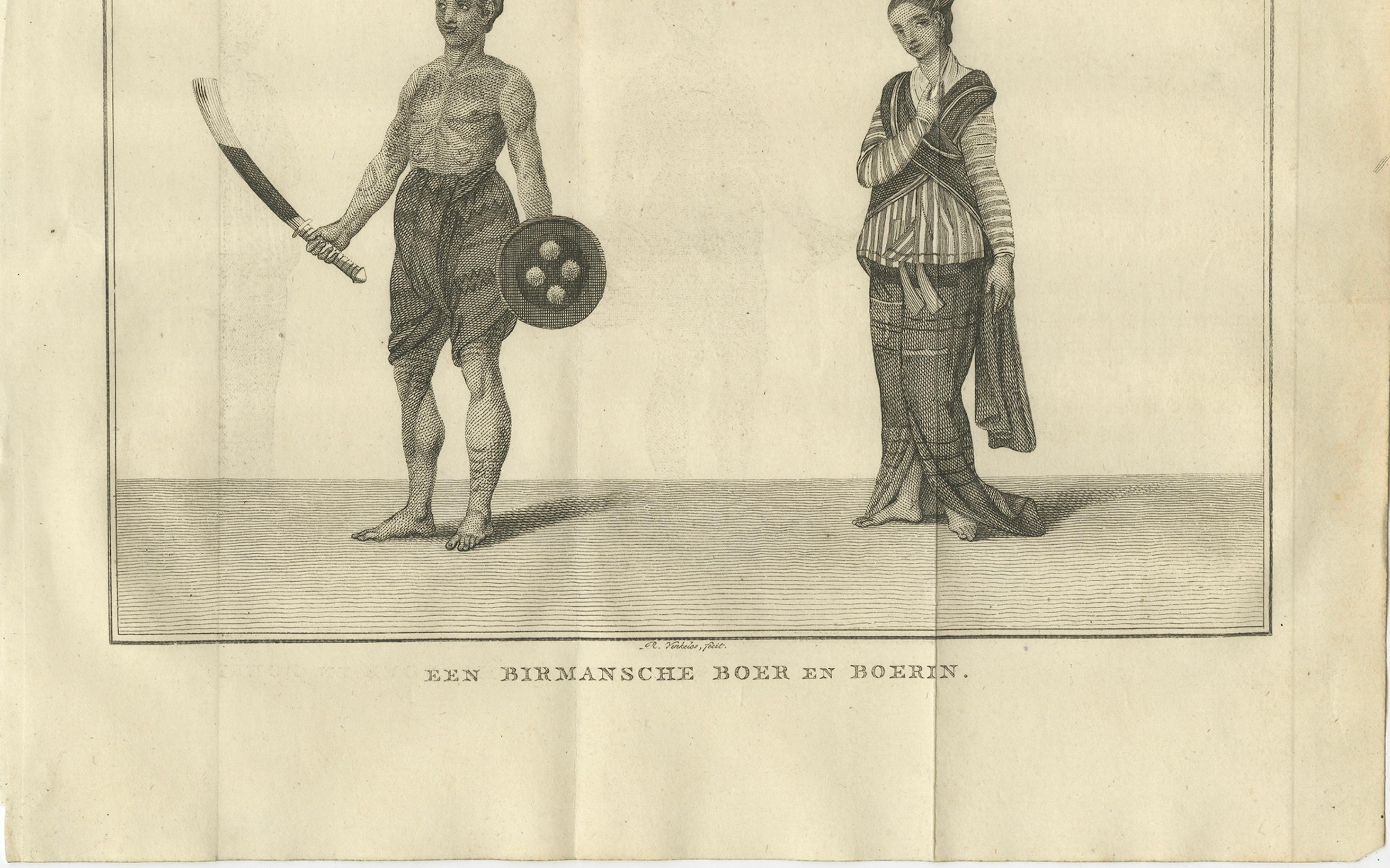 Granjero birmano tatuado y su esposa - Grabado antiguo sobre traje, hacia 1800 en Bueno estado para la venta en Langweer, NL