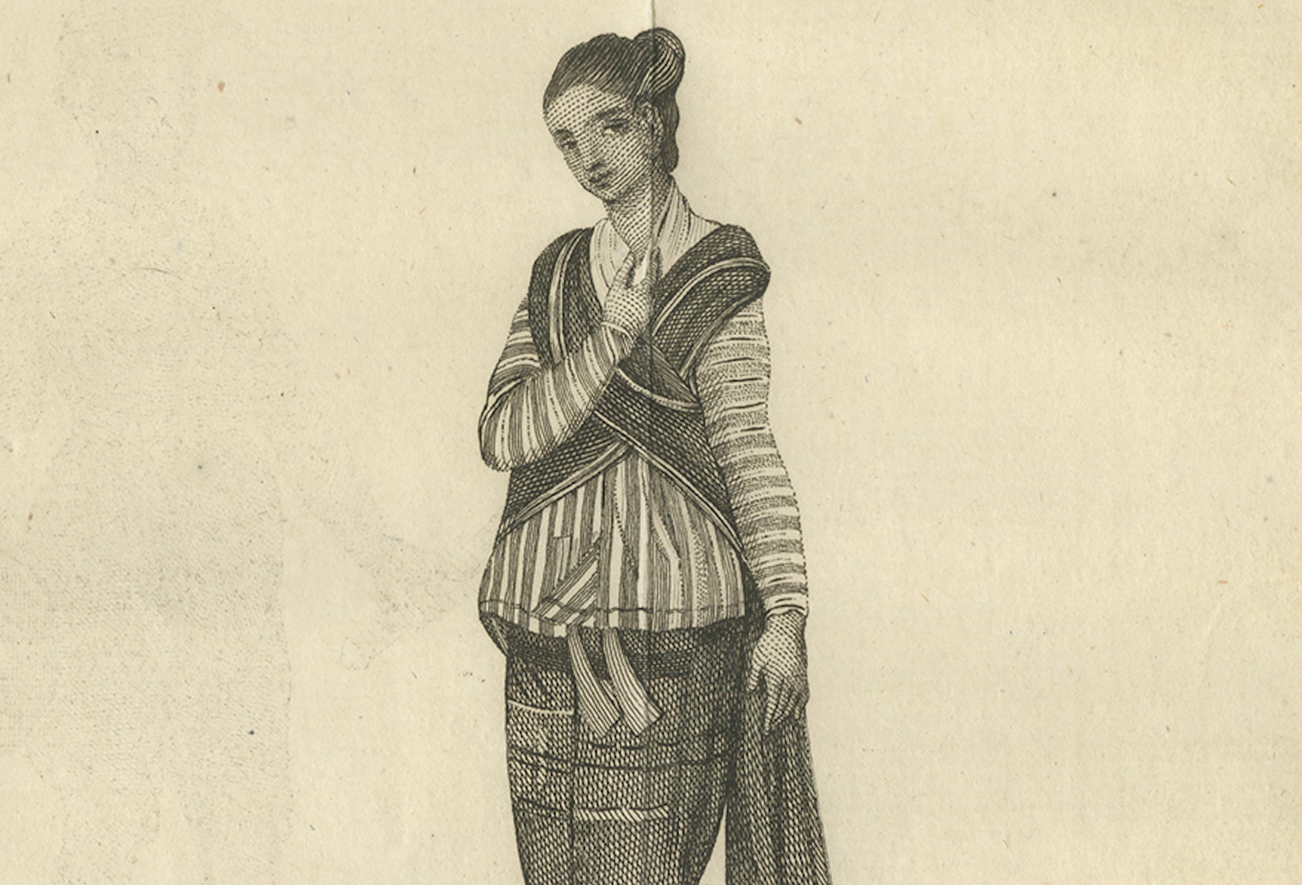 Granjero birmano tatuado y su esposa - Grabado antiguo sobre traje, hacia 1800 Papel en venta
