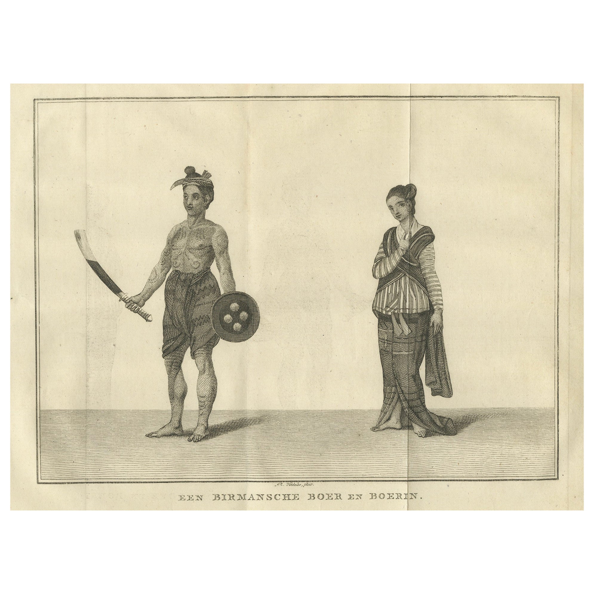 Tätowierter burmesischer Bauer und seine Frau - Antiker Kostümdruck, um 1800