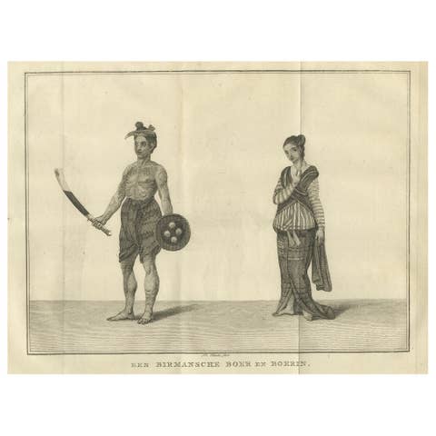 Tattooed Burmese Farmer and His Wife – Antique Costume Print, circa 1800