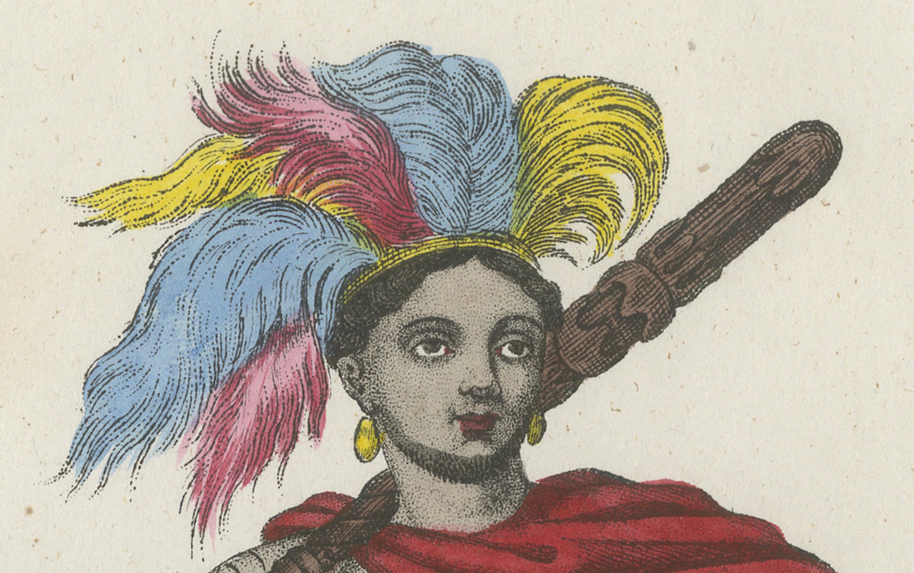 Tätowierte Maori-Krieger-Kostüm Druck - Antike handkolorierte Lithographie, 1854 (Französisch) im Angebot