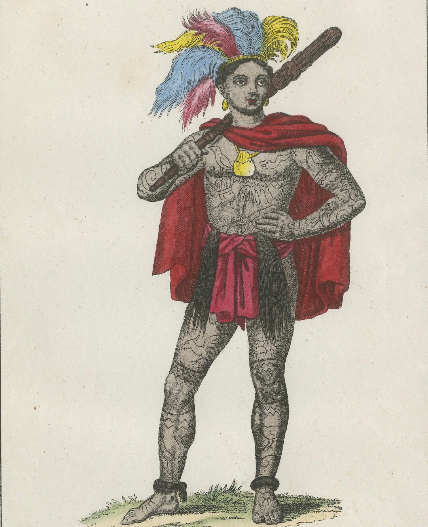 Tätowierte Maori-Krieger-Kostüm Druck - Antike handkolorierte Lithographie, 1854 im Zustand „Gut“ im Angebot in Langweer, NL
