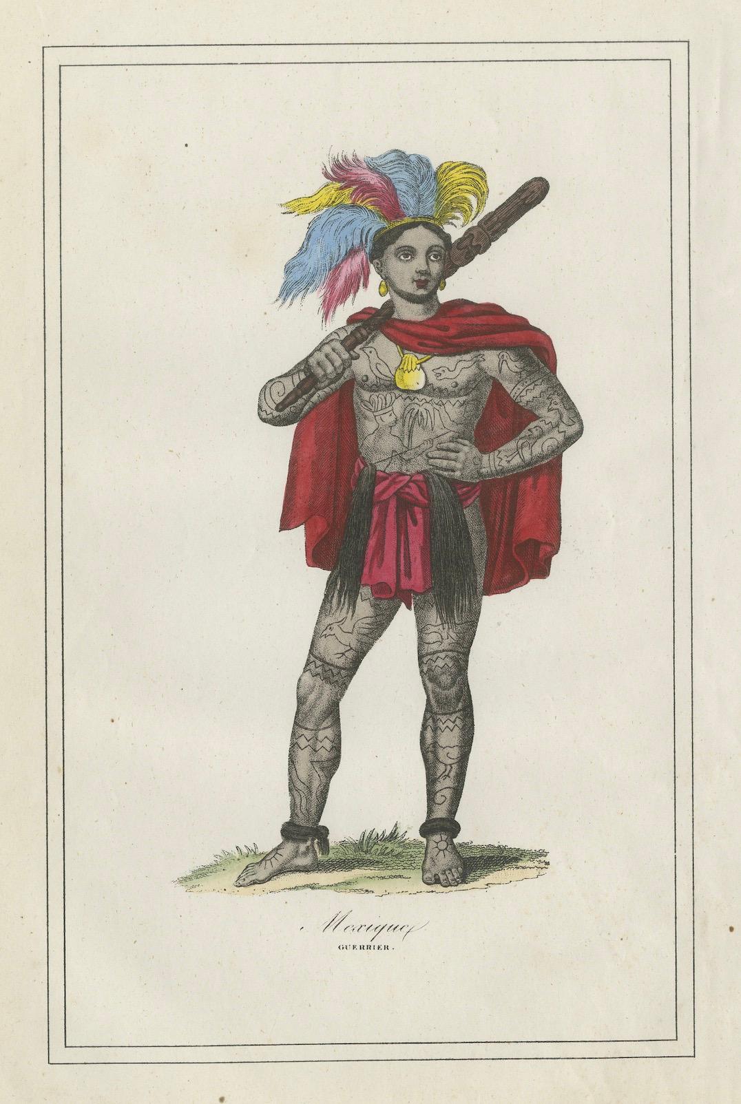 Tätowierte Maori-Krieger-Kostüm Druck - Antike handkolorierte Lithographie, 1854 (19. Jahrhundert) im Angebot