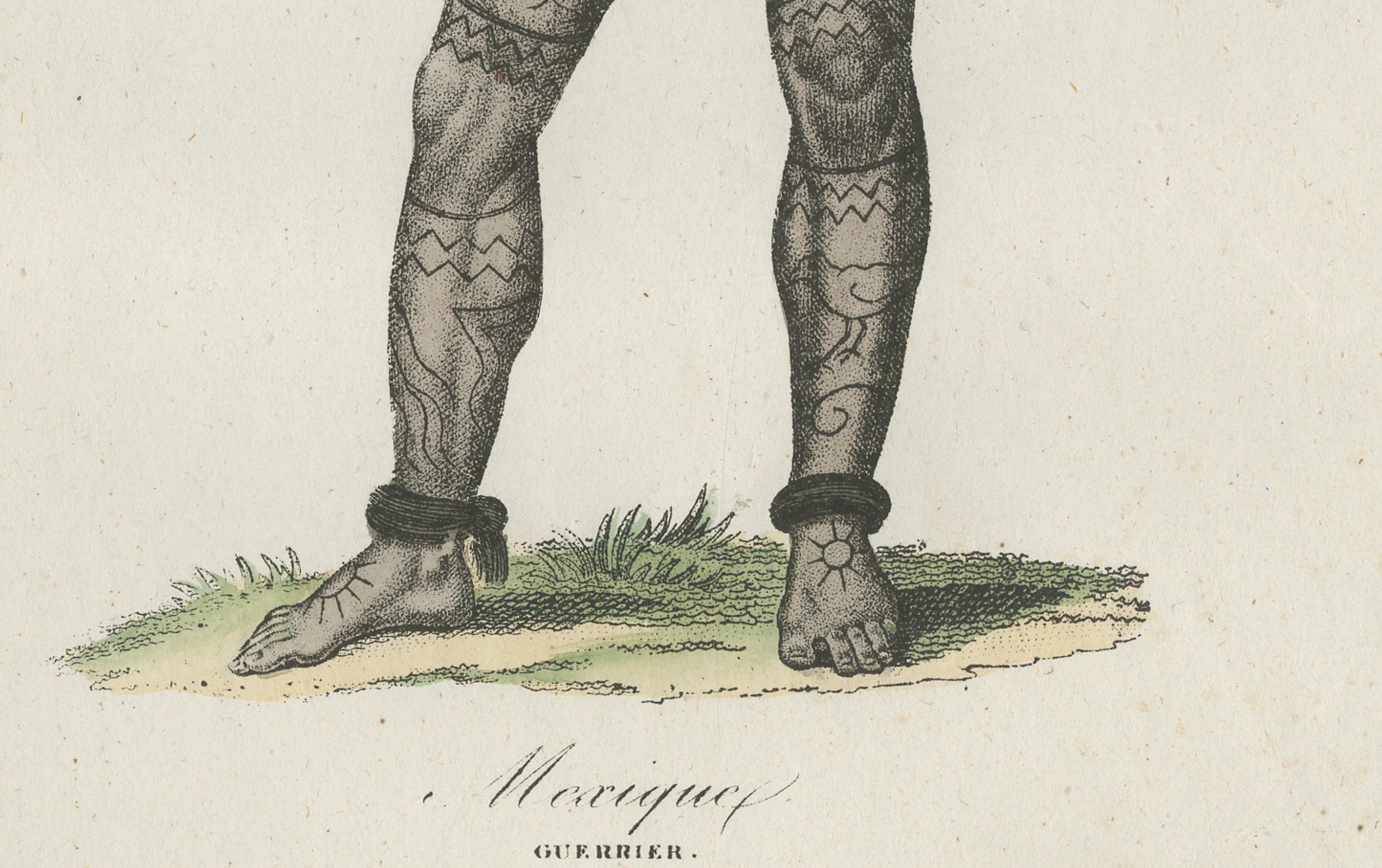 Tätowierte Maori-Krieger-Kostüm Druck - Antike handkolorierte Lithographie, 1854 (Papier) im Angebot