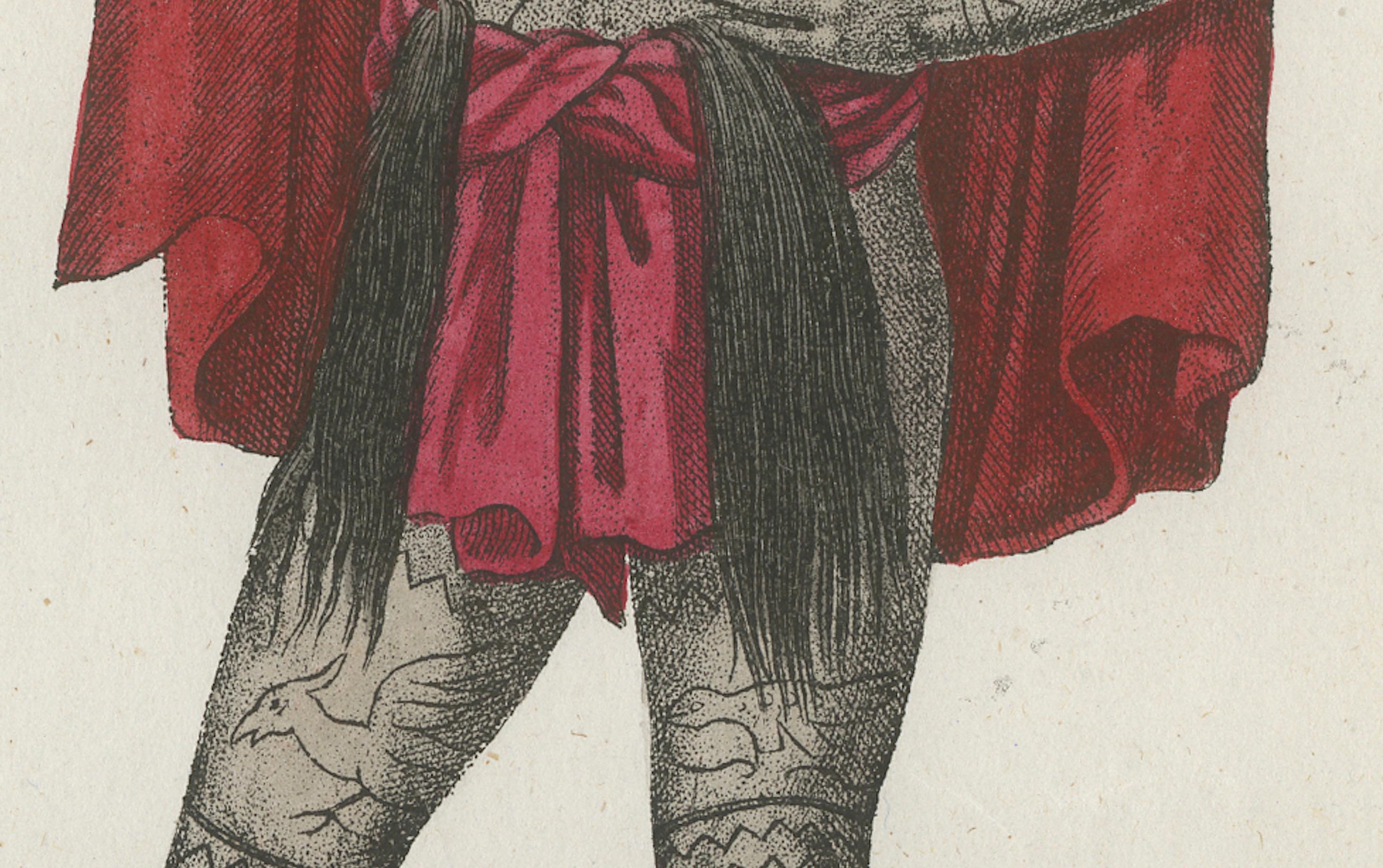 Tätowierte Maori-Krieger-Kostüm Druck - Antike handkolorierte Lithographie, 1854 im Angebot 1