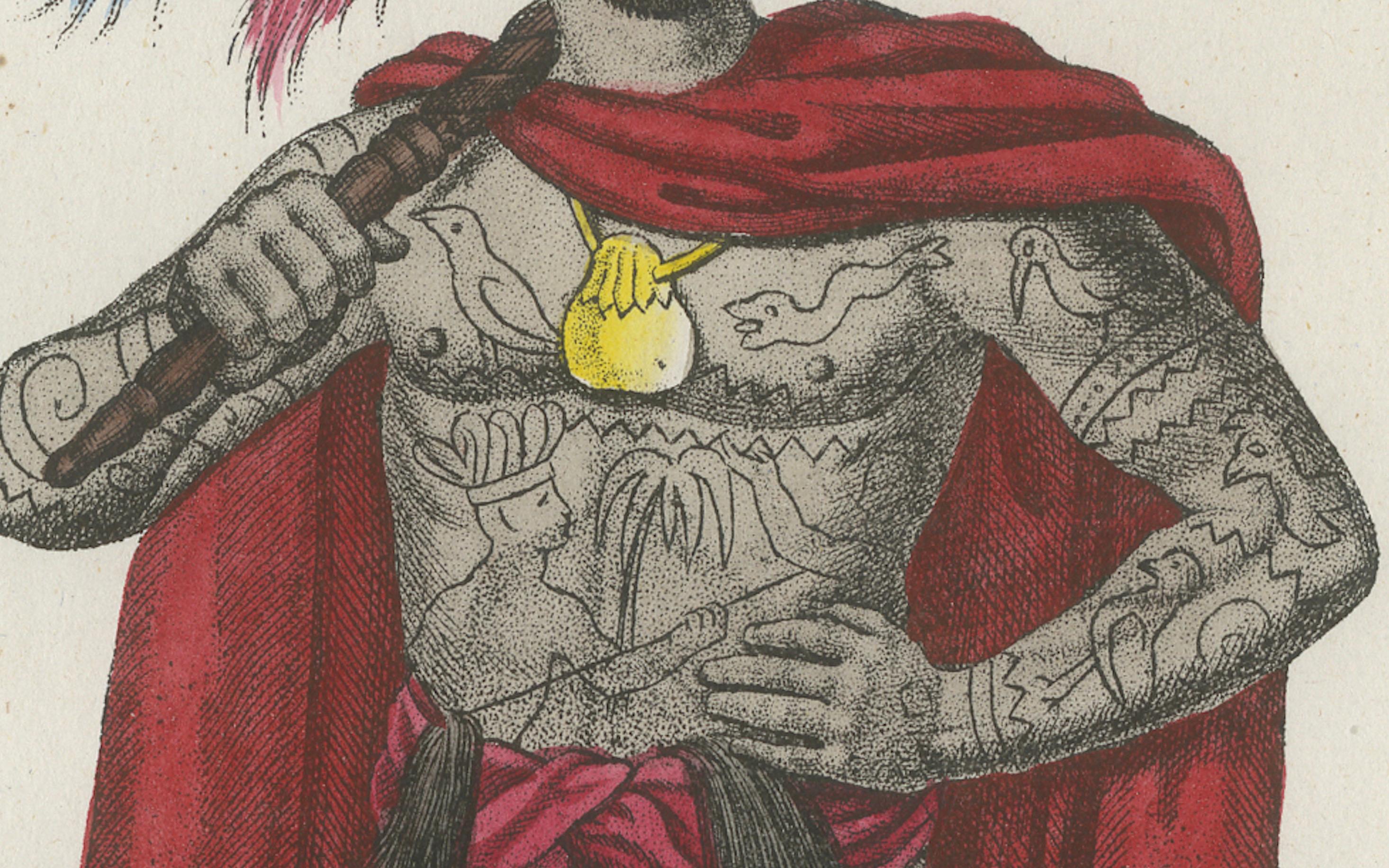 Tätowierte Maori-Krieger-Kostüm Druck - Antike handkolorierte Lithographie, 1854 im Angebot 2