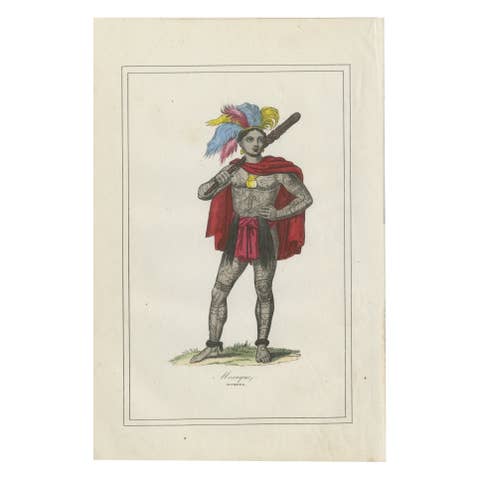 Marquesas Warrior Engraving, Hand-Colored, Pacific Tattoo Figure c1854