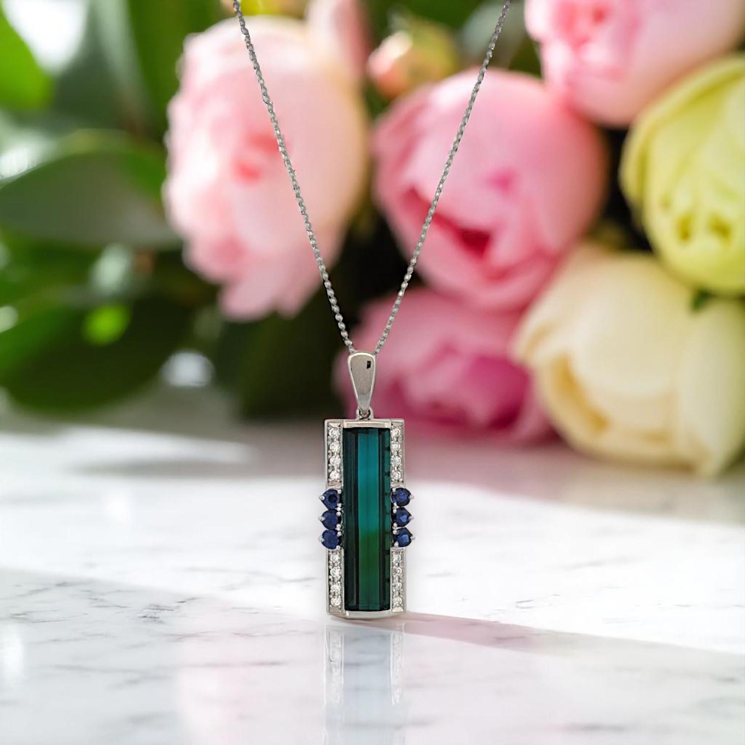 Art Deco Tatum  Platinum Pendant with 12.24 ct Tourmaline, .60 ct Natural Sapphires For Sale