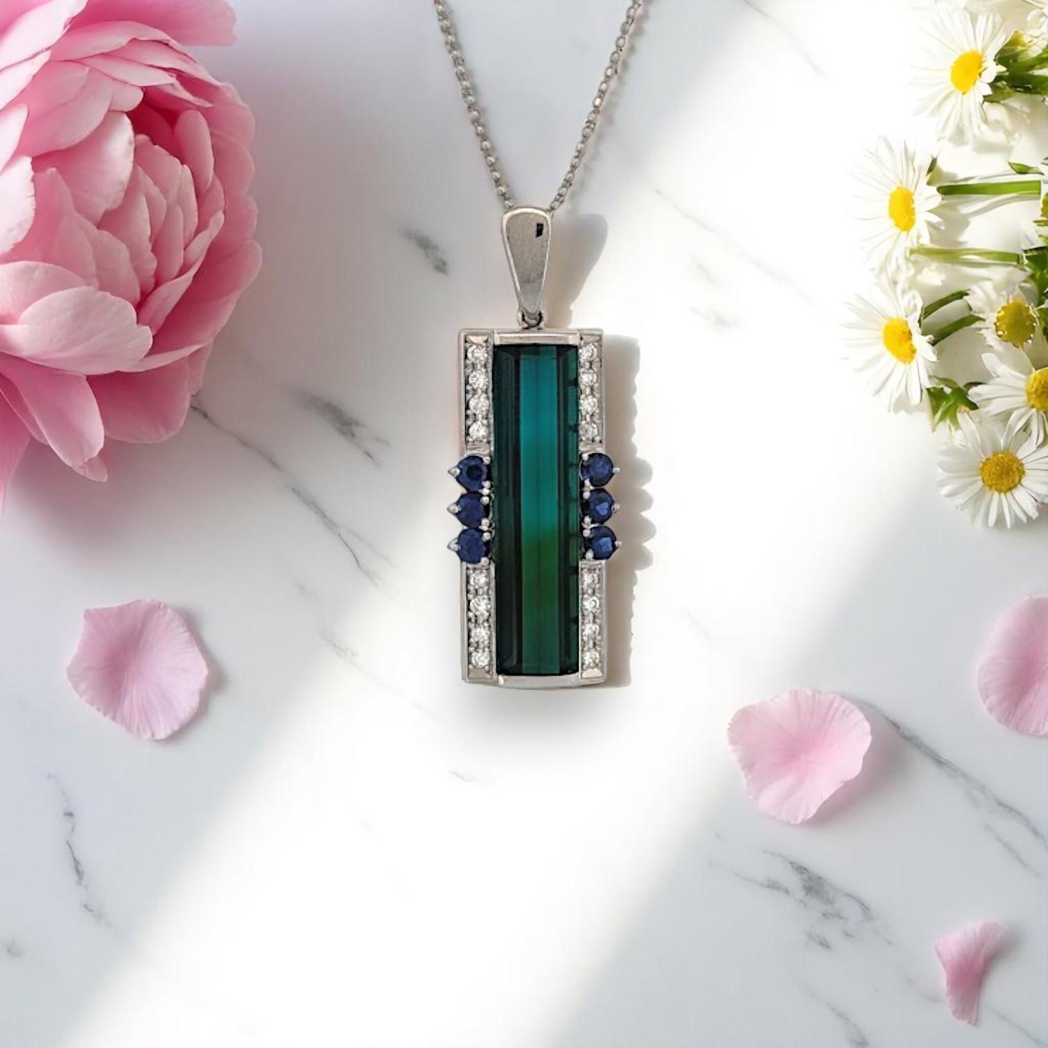 Baguette Cut Tatum  Platinum Pendant with 12.24 ct Tourmaline, .60 ct Natural Sapphires For Sale