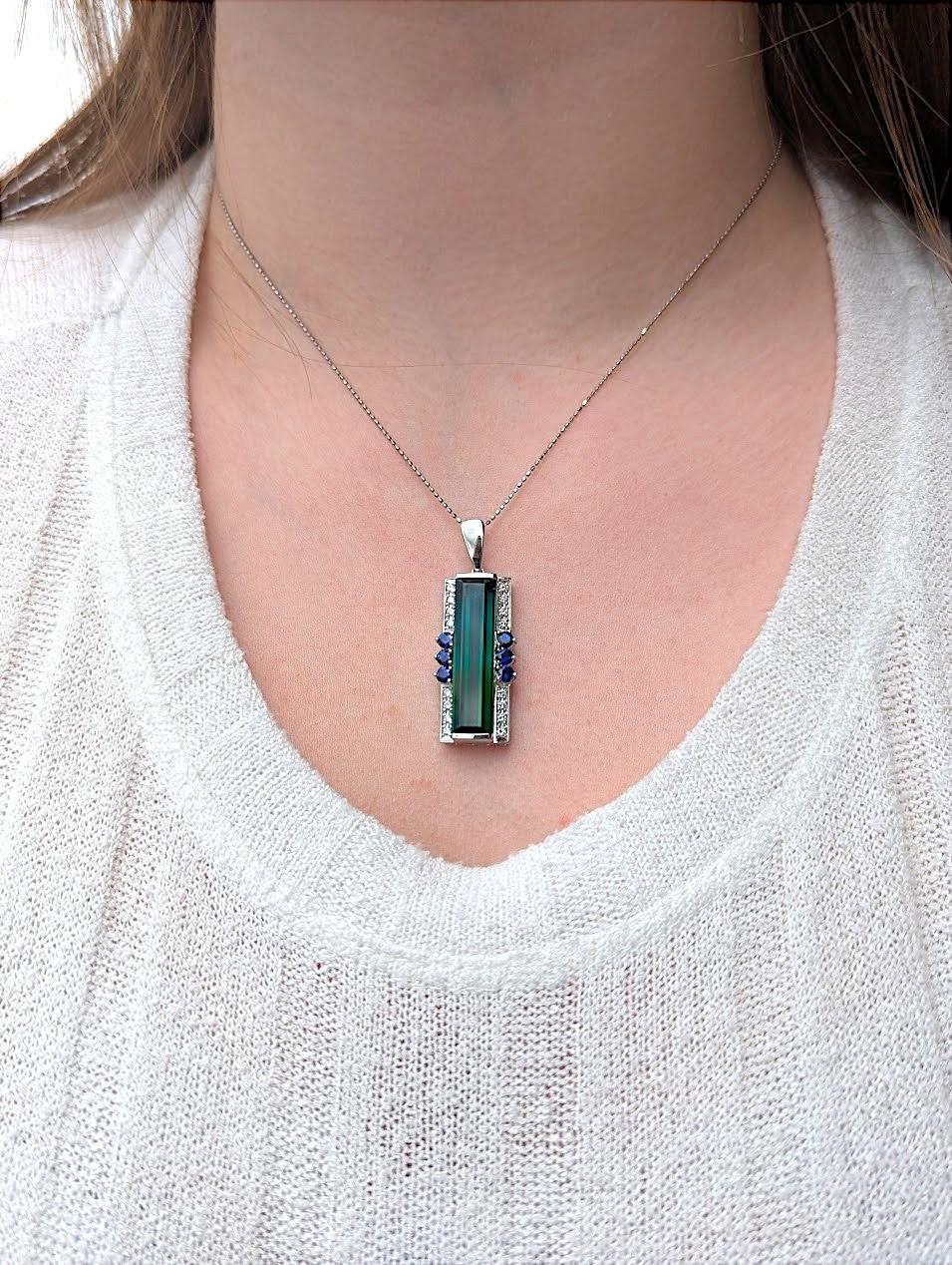 Tatum  Platinum Pendant with 12.24 ct Tourmaline, .60 ct Natural Sapphires In New Condition For Sale In Greeneville, TN