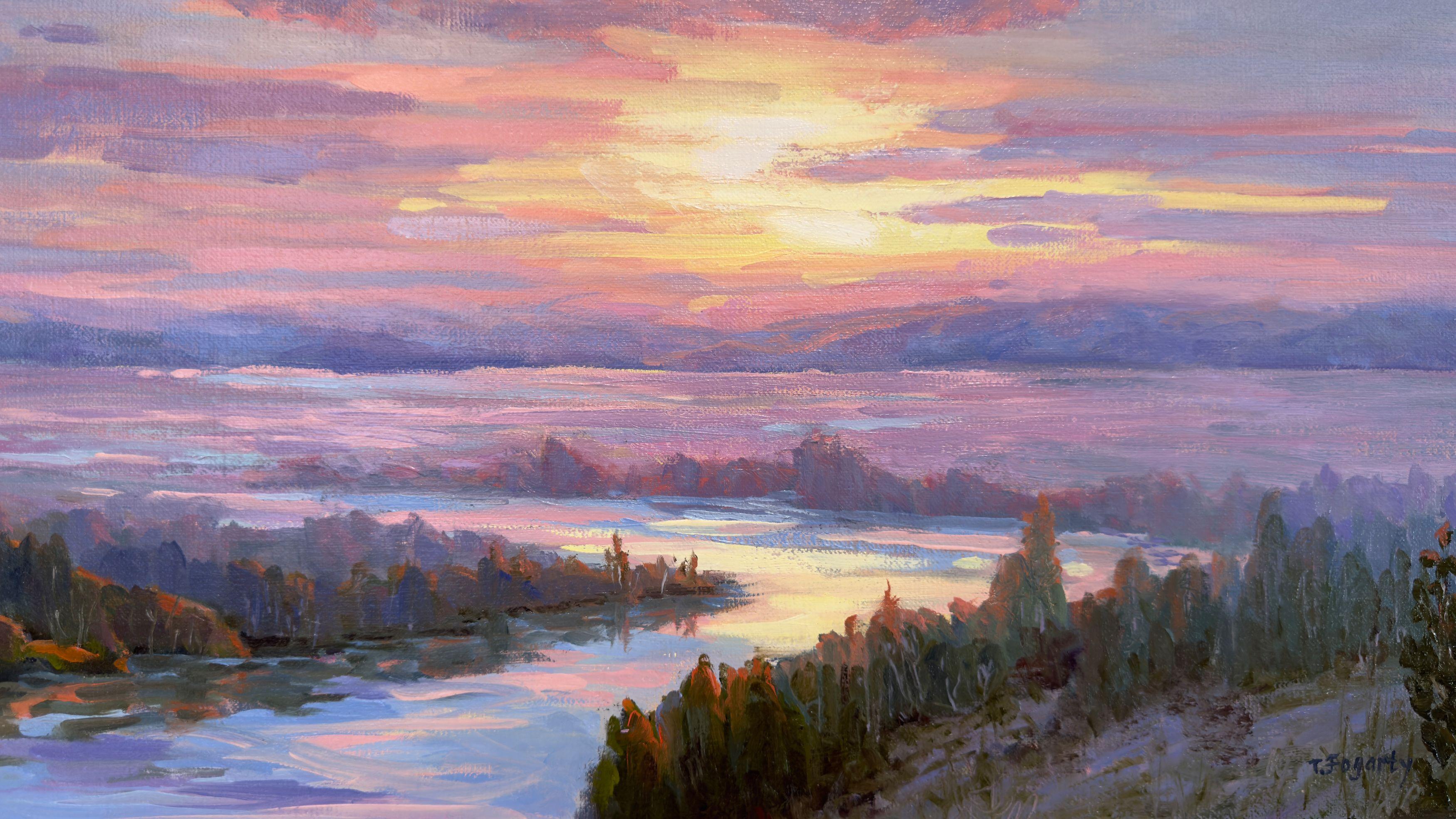 In questo dipinto a olio, la tranquilla bellezza di un tramonto si riversa su un paesaggio pittoresco. Un fiume tortuoso serpeggia nella valle, evidenziato dalle sfumature del crepuscolo. La tavolozza infuocata di rosso, arancione e giallo del sole