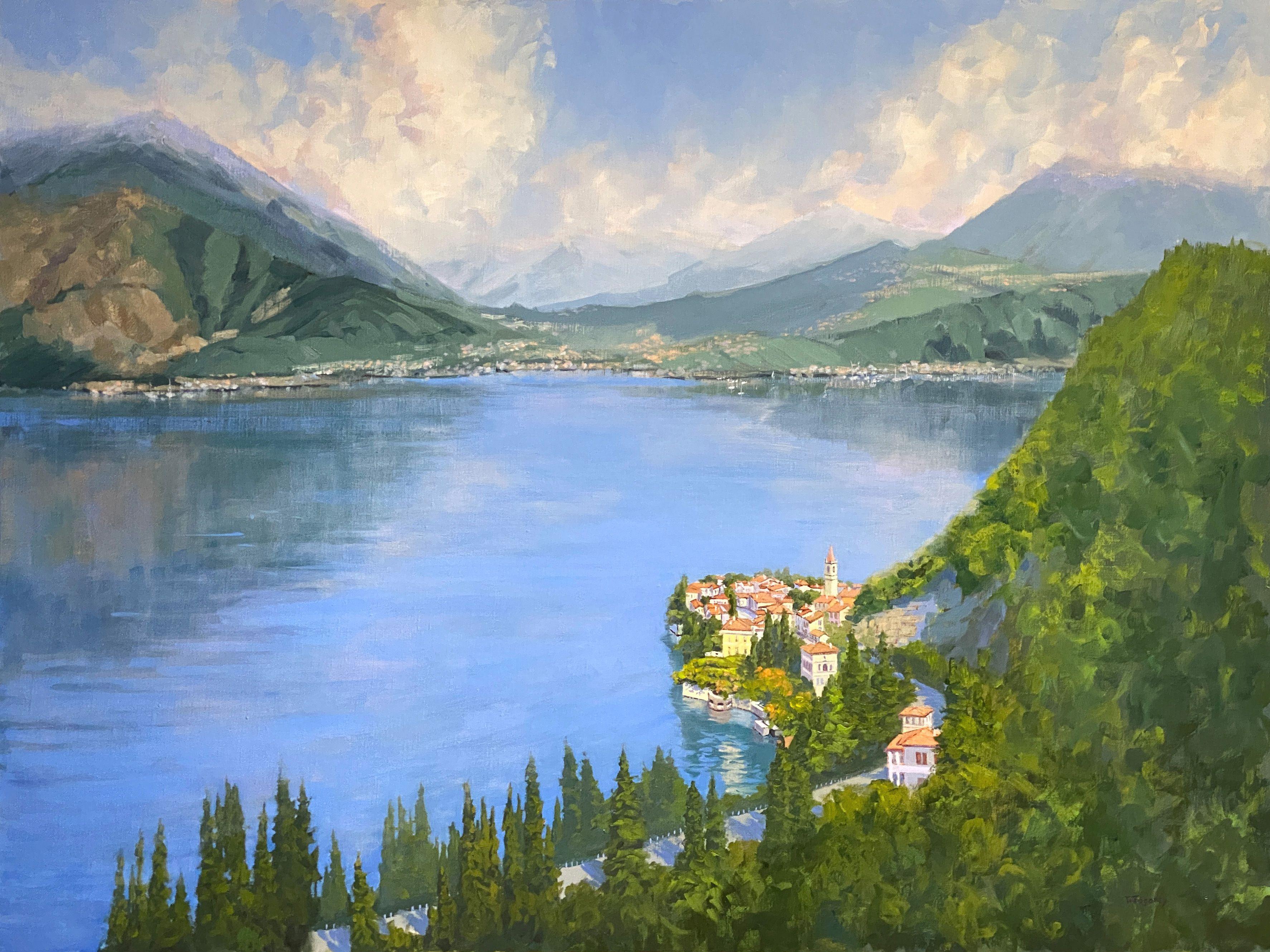 Vista De Varenna En El Lago Como, Italia, Pintura, Óleo Sobre Lienzo - Painting de Tatyana Fogarty