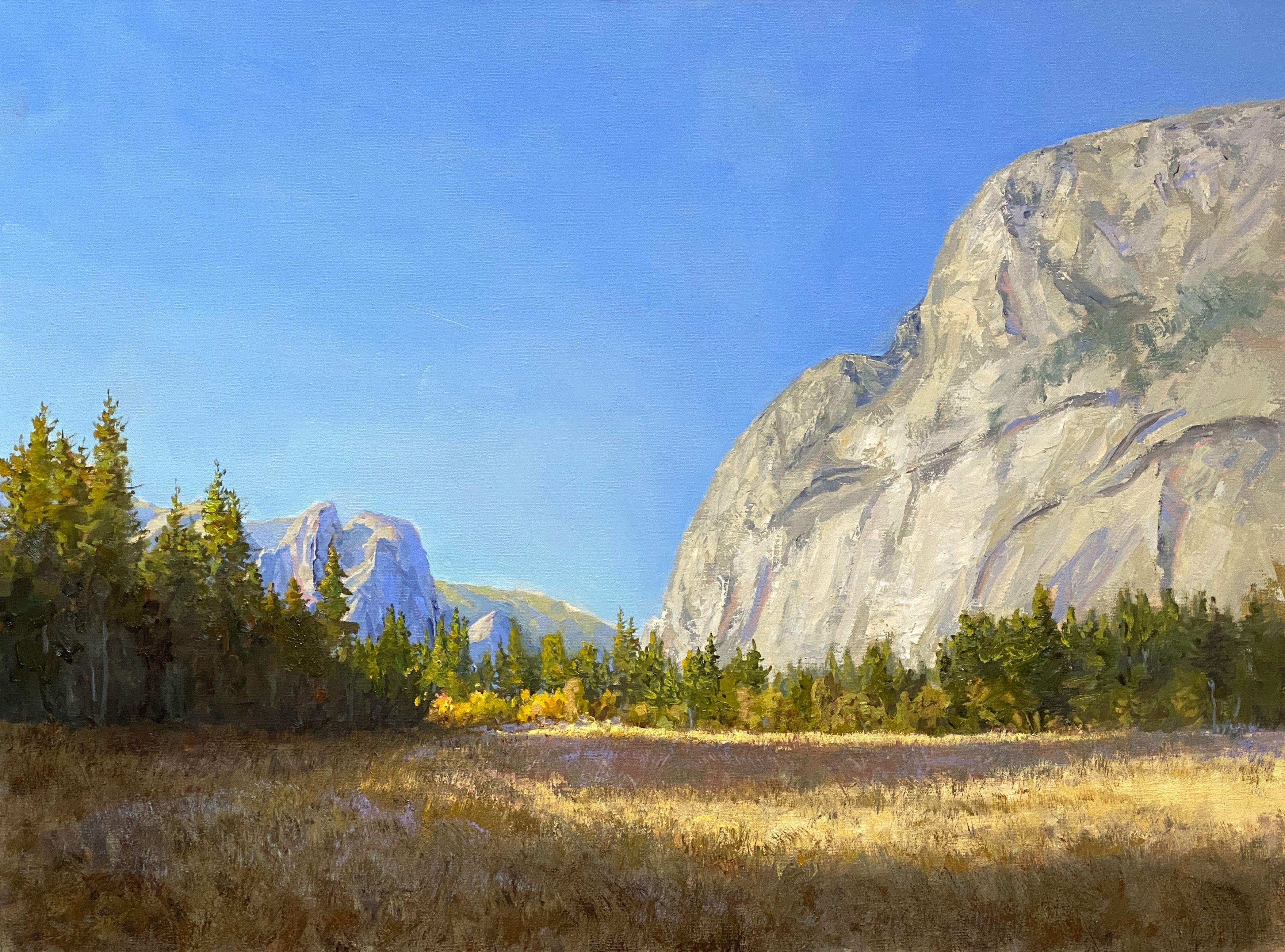 This painting was inspired by my recent trip to Yosemite National Park. This view of Yosemite Valley highlights the warmth of a sunny afternoon and the beautiful colors of fall season, the strength of granite, the power of glaciers, and the