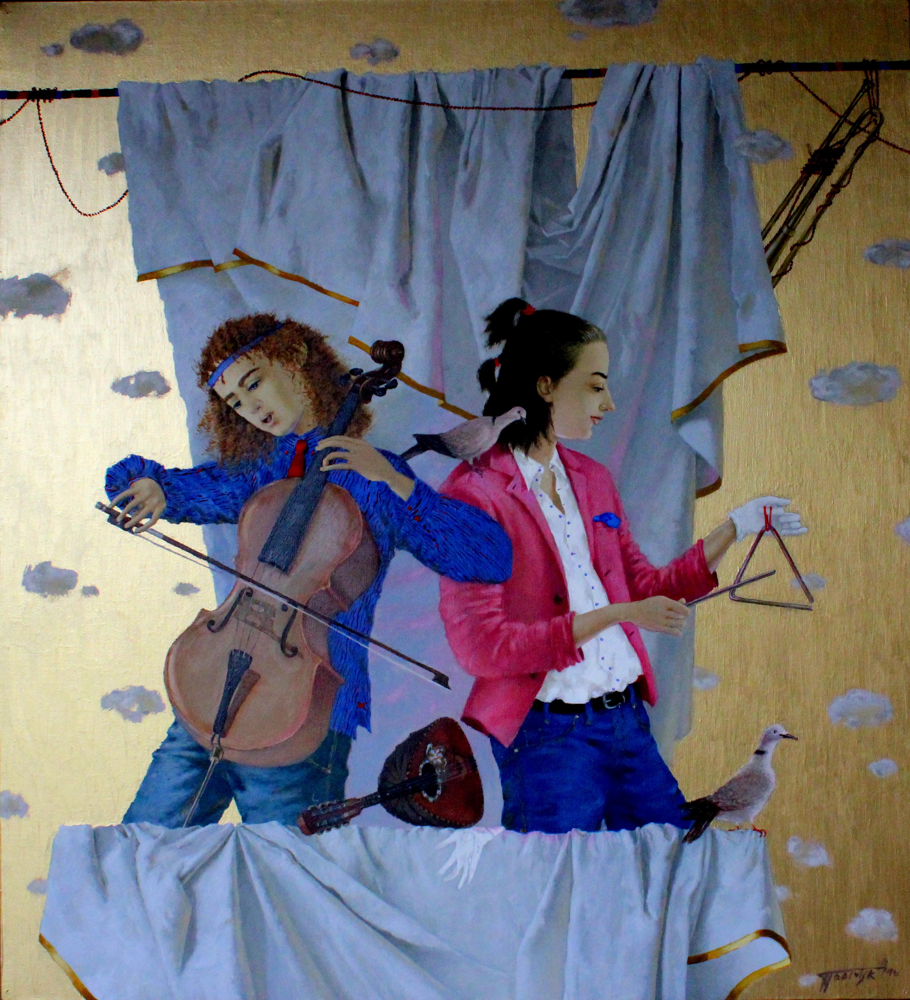 Duetto con violoncellista. 2016. Olio su tela, 64 x 70 cm - Painting di Tatyana Palchuk