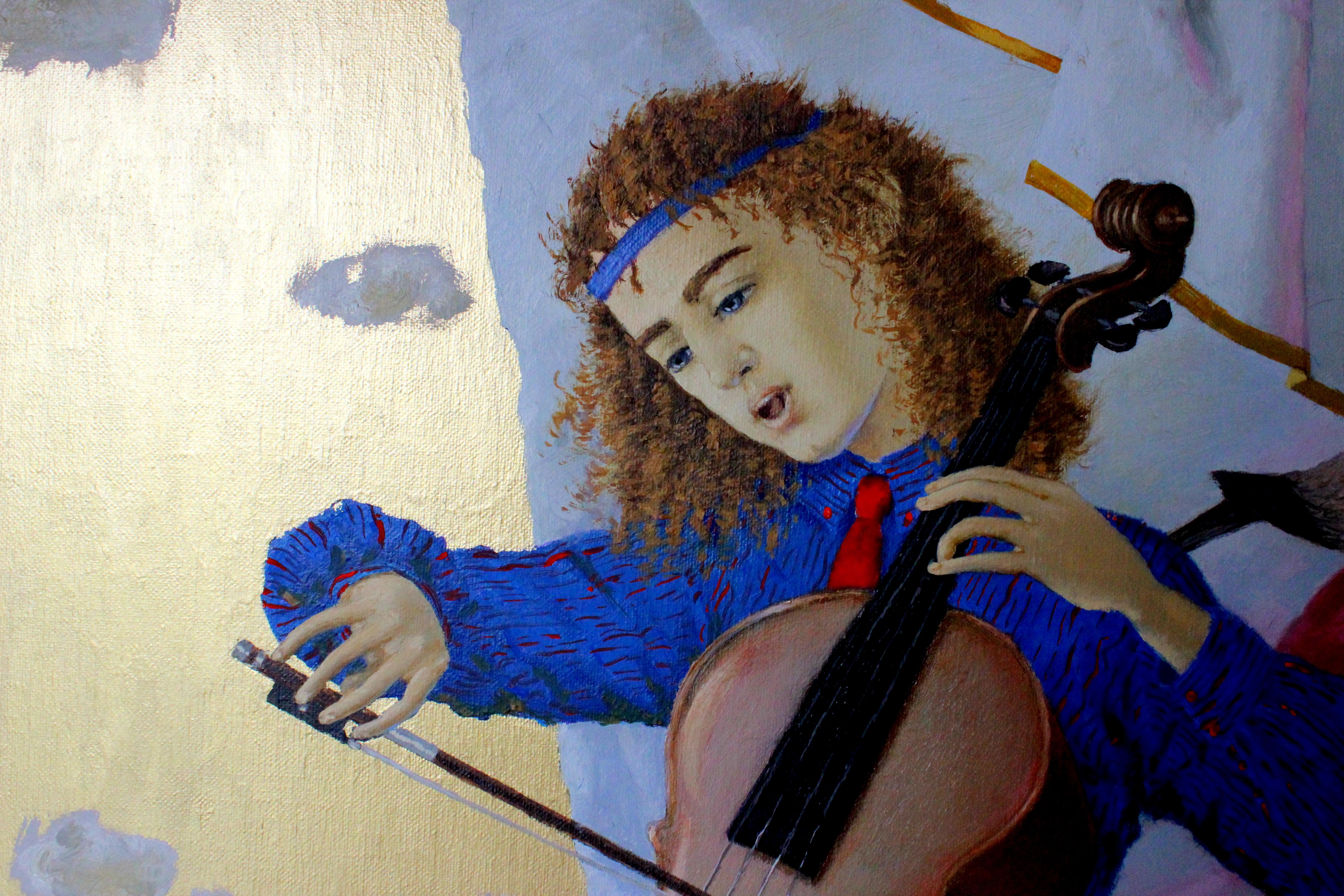 Duetto con violoncellista. 2016. Olio su tela, 64 x 70 cm - Animal Painting Marrone di Tatyana Palchuk