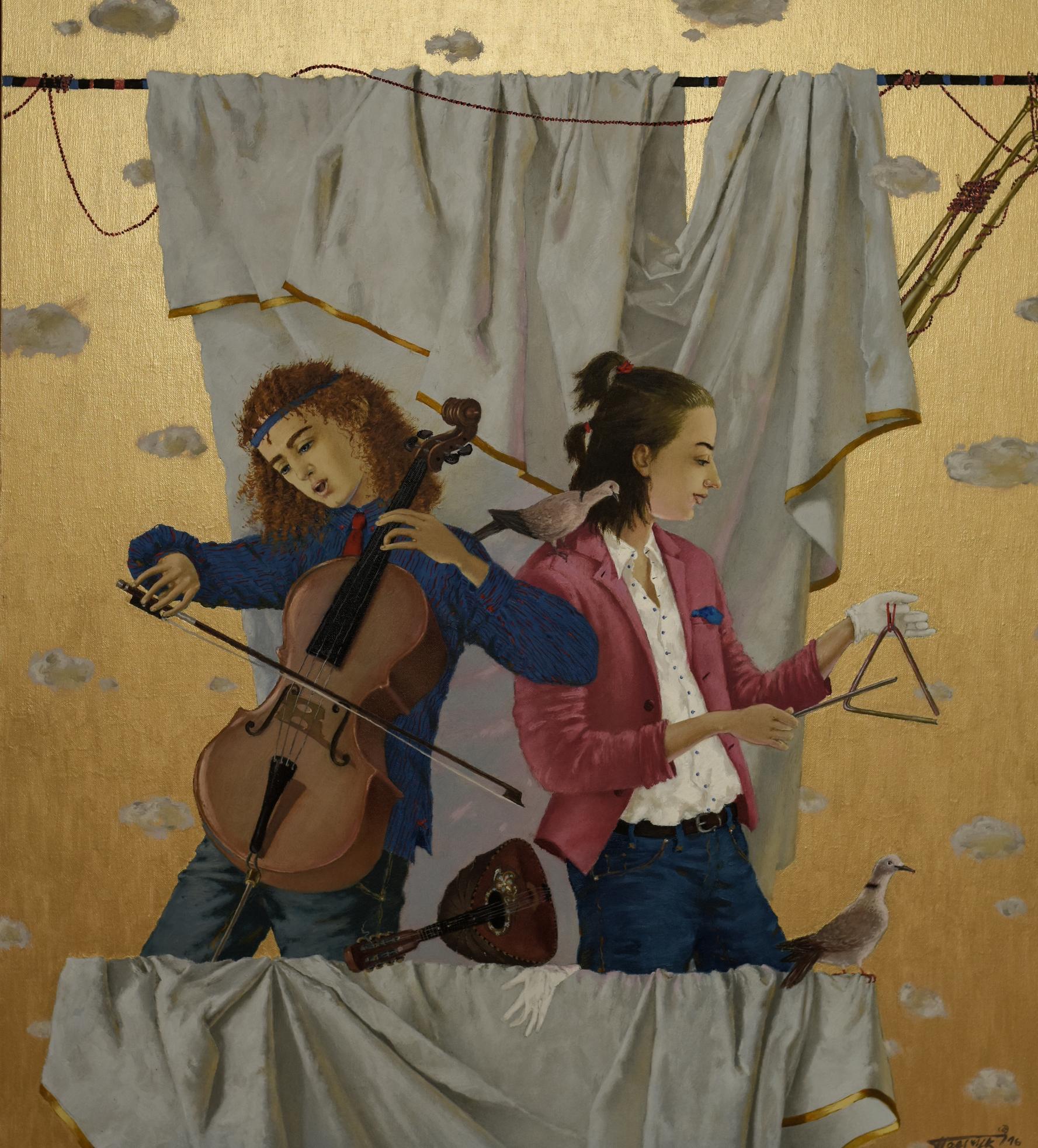 Duet mit Cellist. 2016. Öl auf Leinwand, 64 x 70 cm, Öl