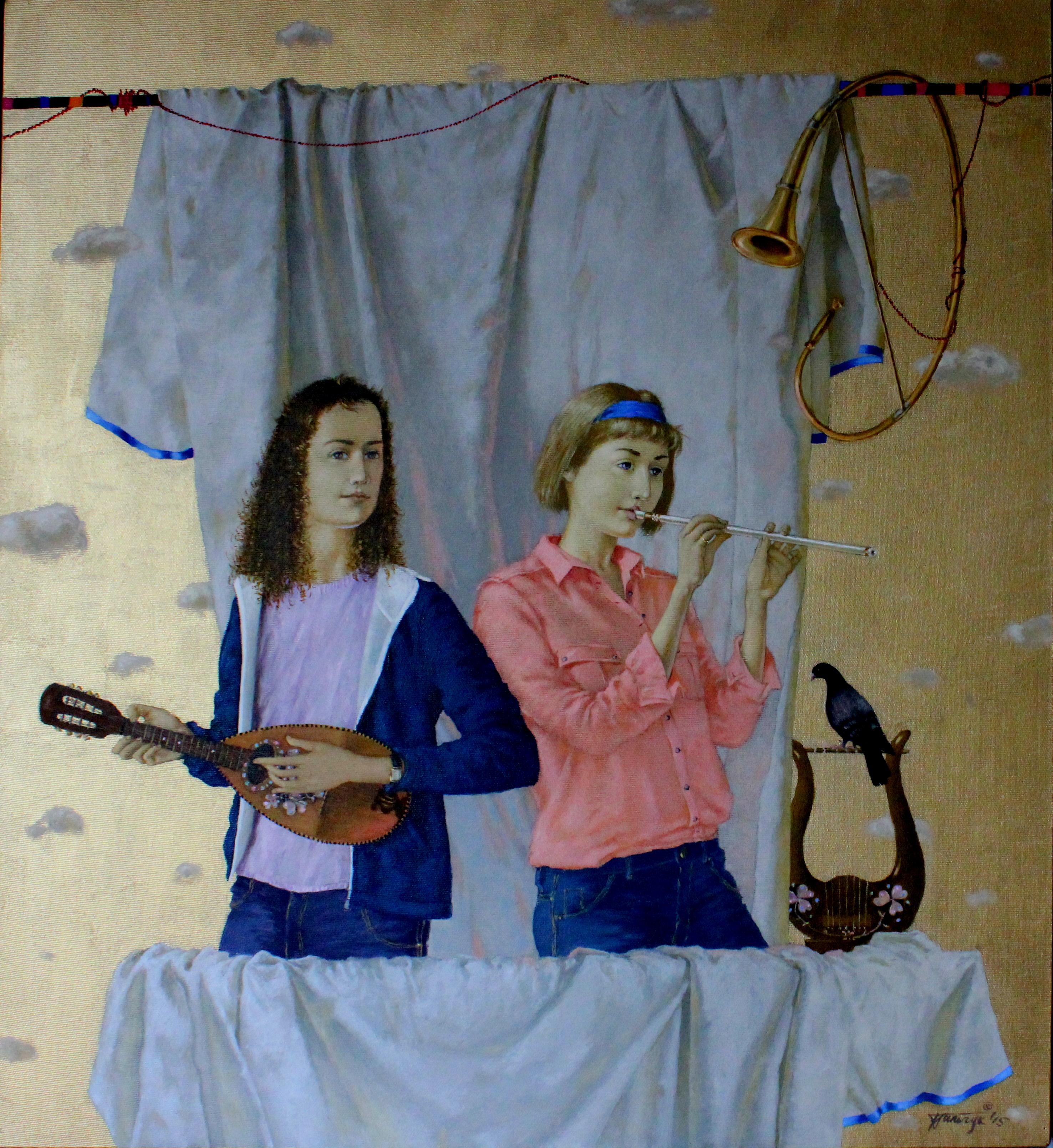 Tatyana Palchuk Figurative Painting - Flutist and Mandolin Player. 2016. Oil on canvas, 64x70 cm