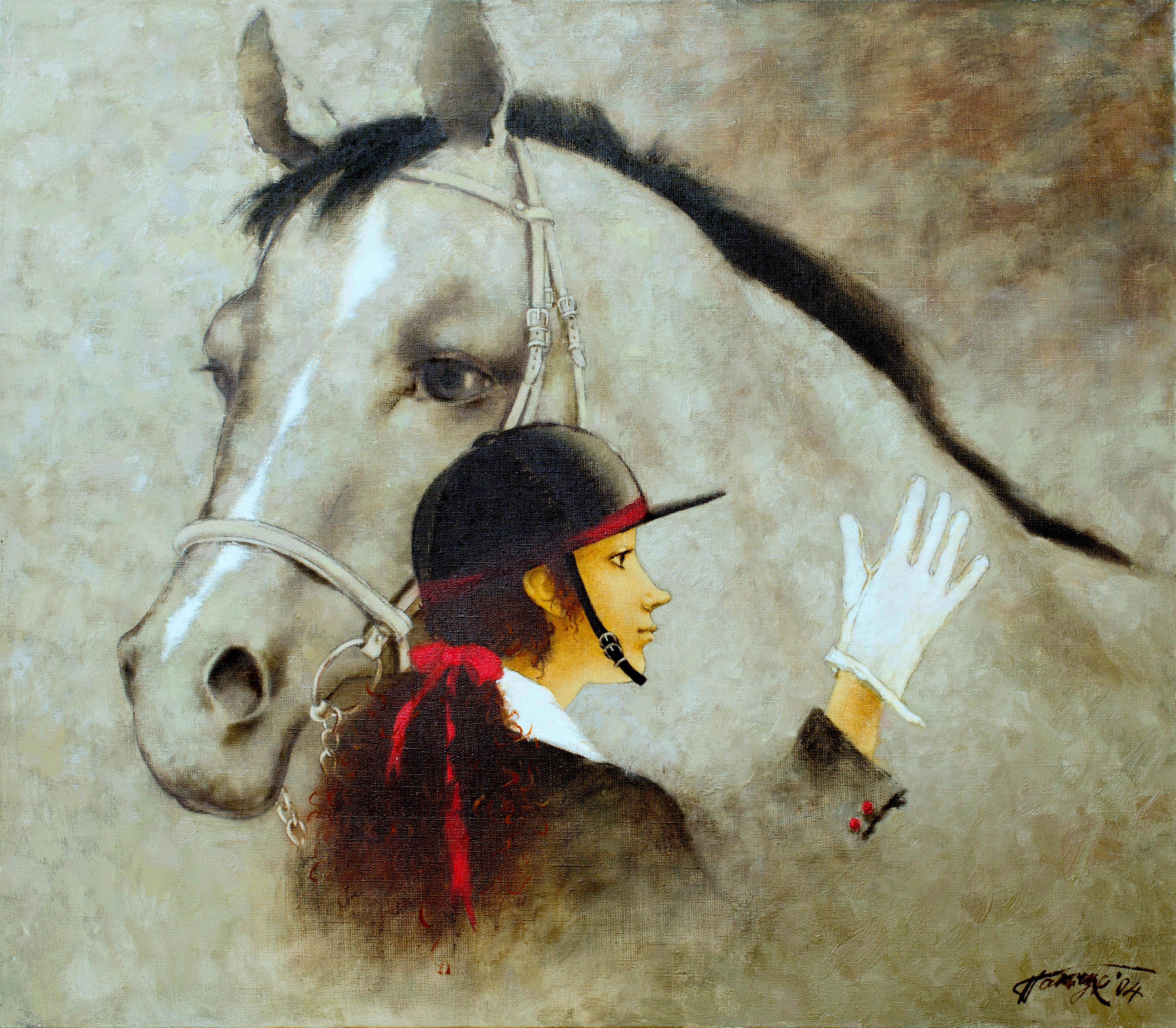 Tatyana Palchuk Figurative Painting - Girl with horse. 2004. Oil on canvas, 65x75 cm 
