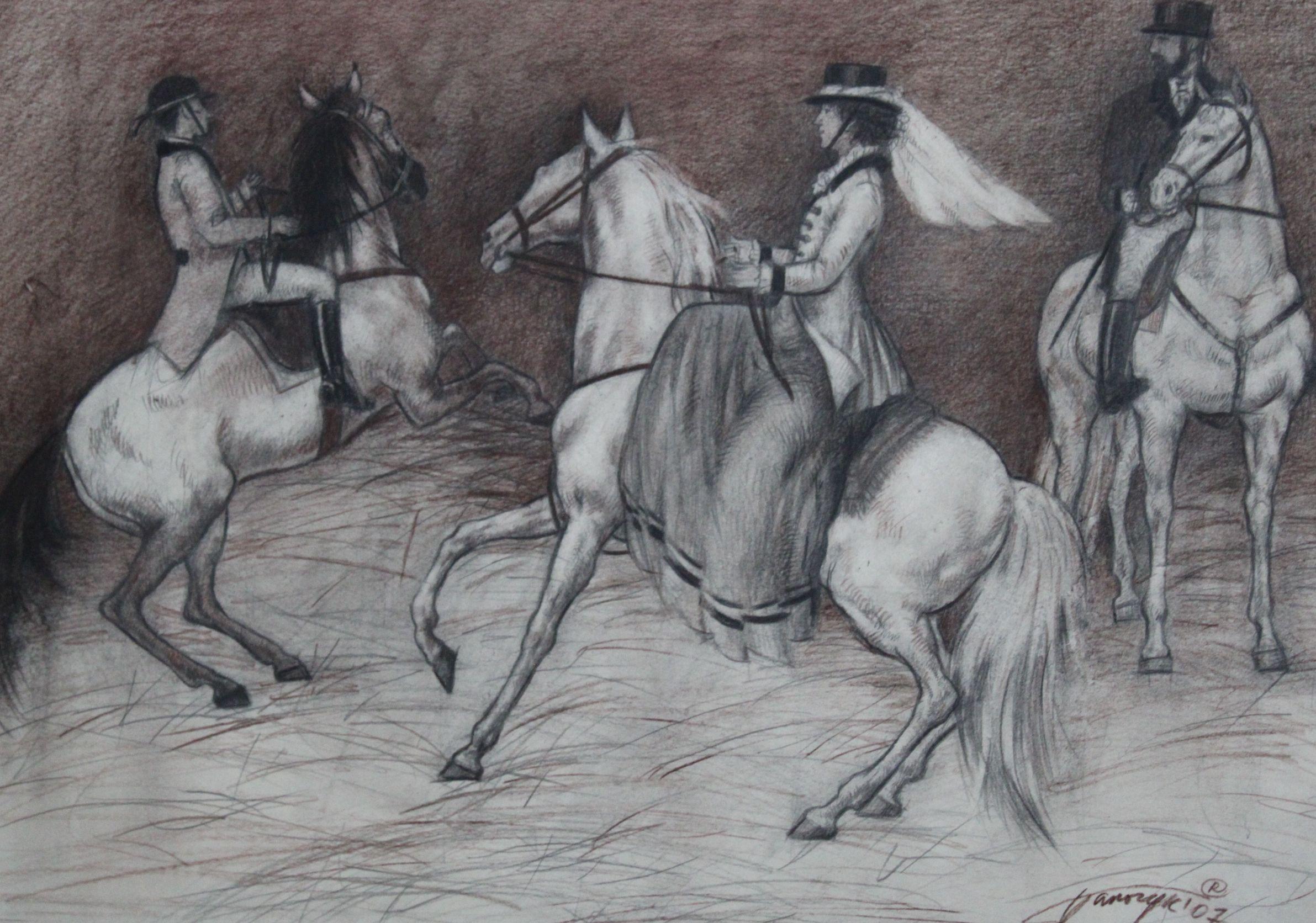 Horsemens, carta/mix media, 2007 - Animal Painting Grigio di Tatyana Palchuk