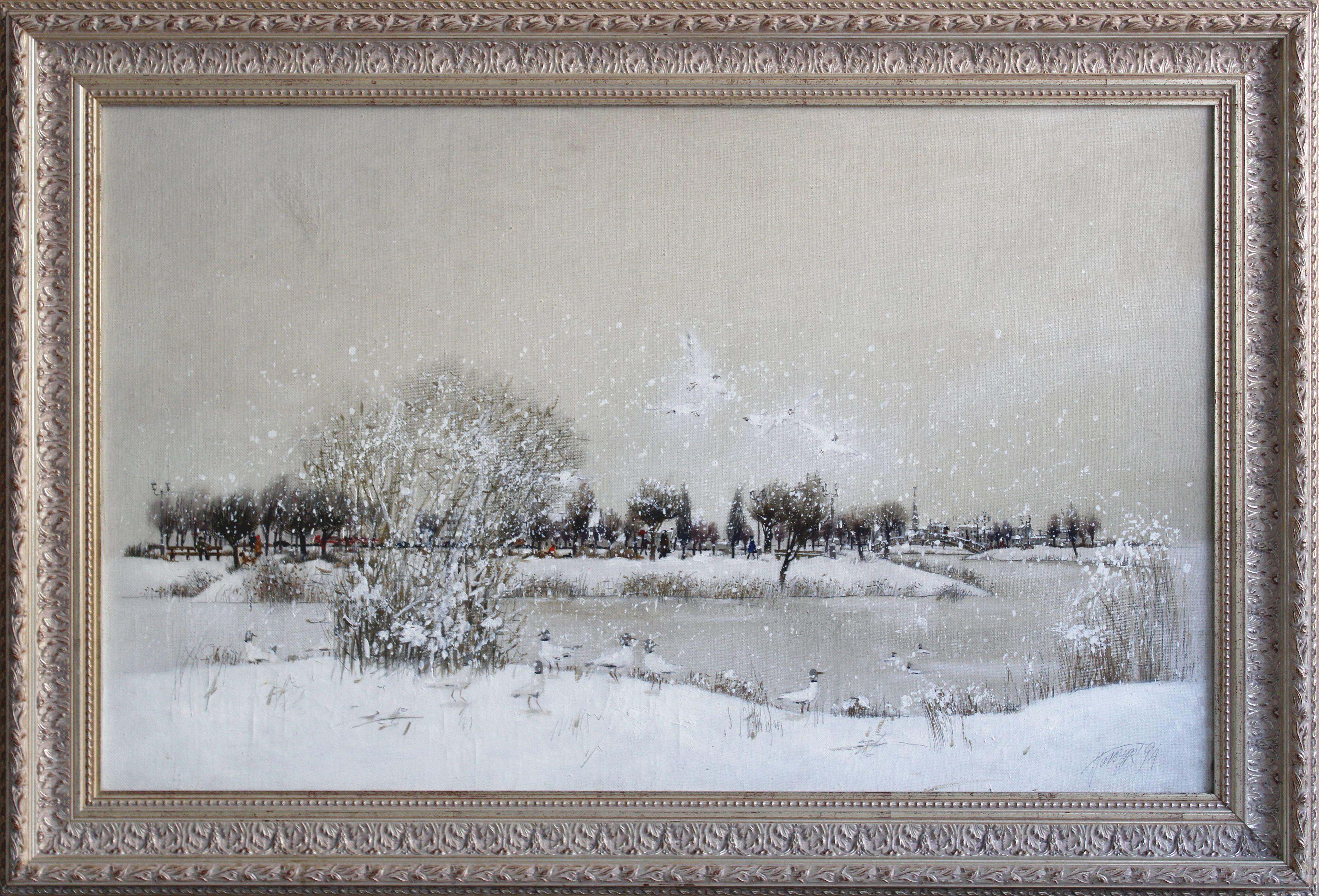 gulls in the snow. 1994. Leinwand, Öl, 70x112 cm – Painting von Tatyana Palchuk