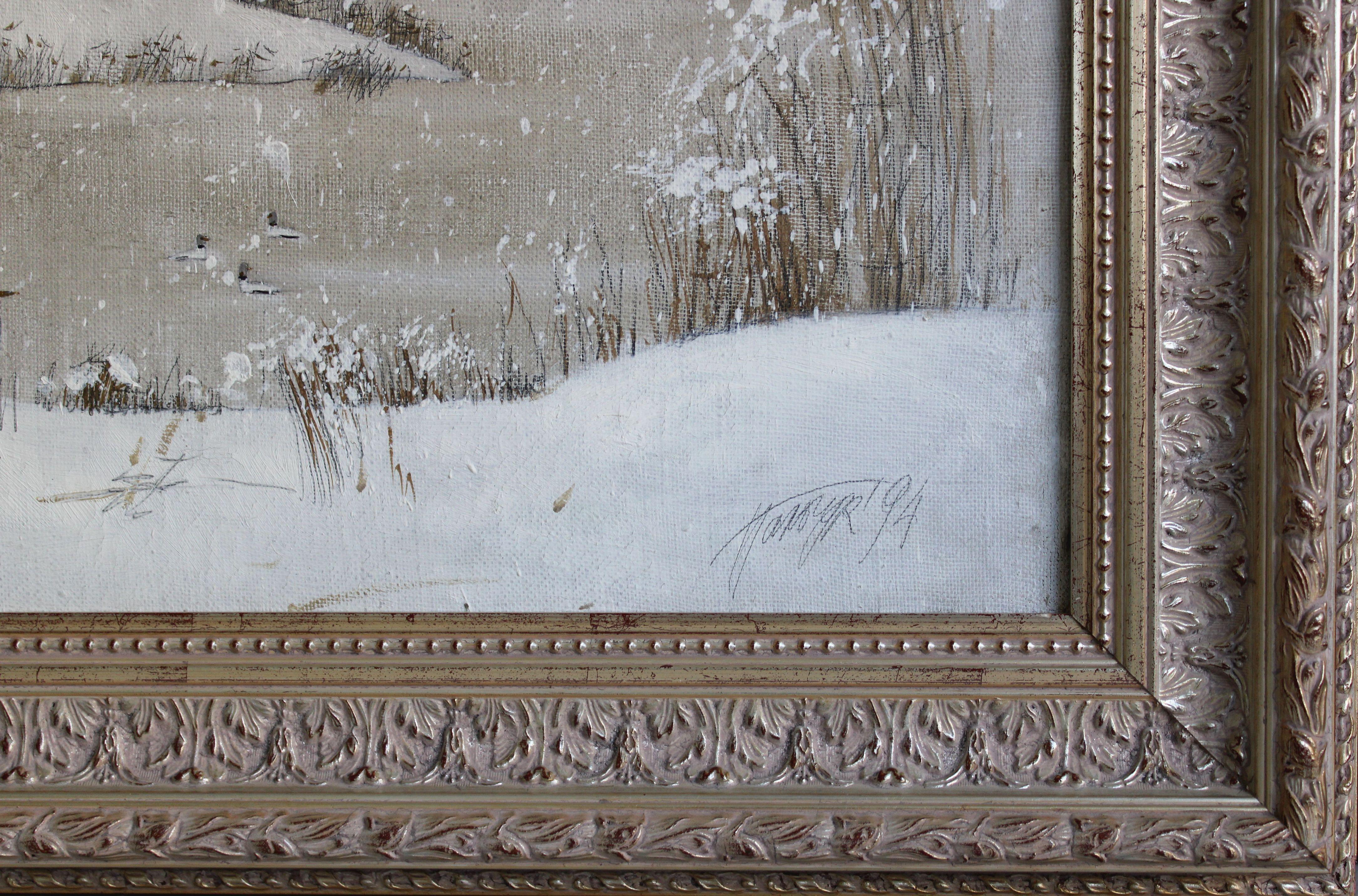Seagulls in the snow. 1994. Canvas, oil, 70x112 cm - Romantic Painting by Tatyana Palchuk