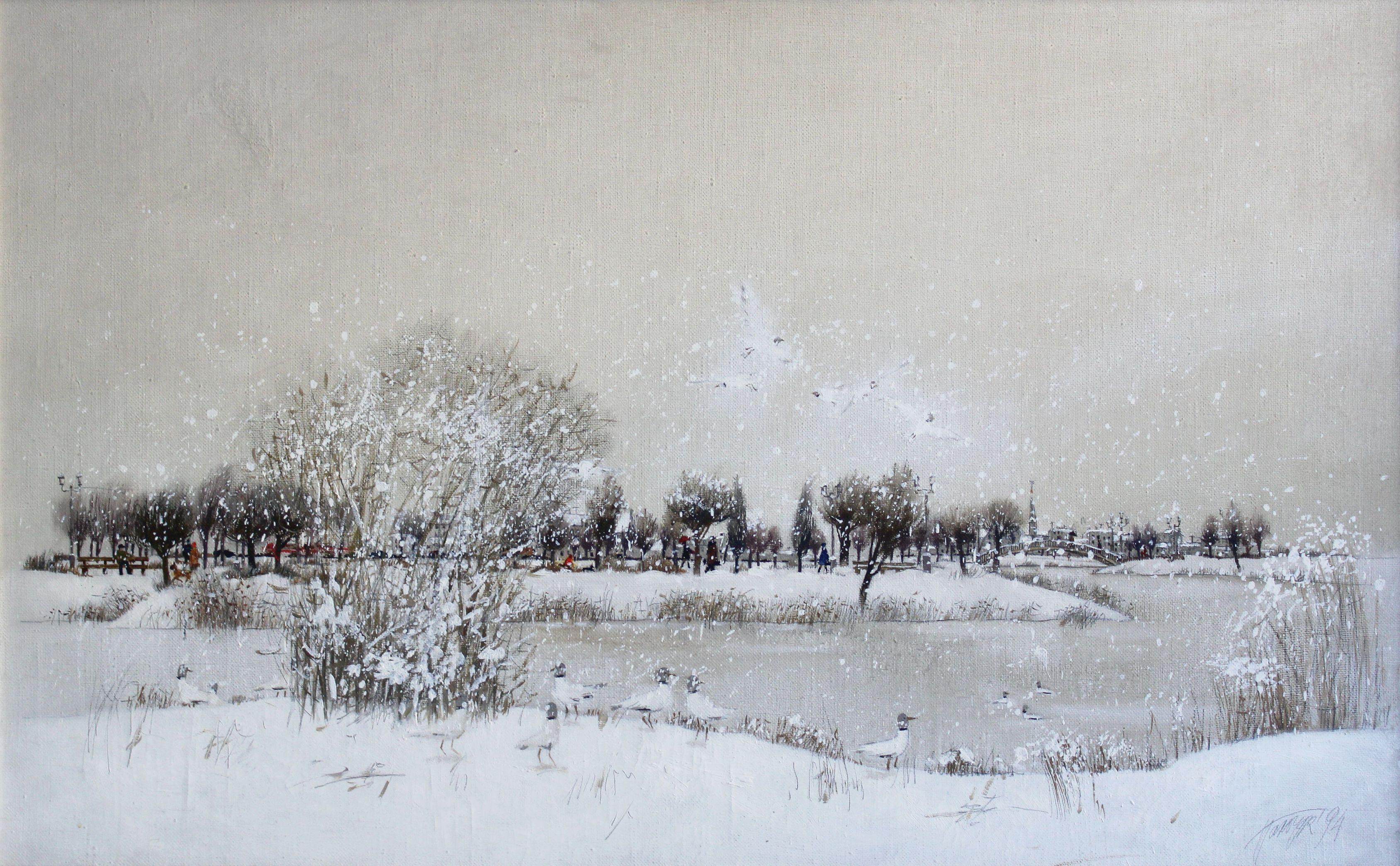 Tatyana Palchuk Landscape Painting – gulls in the snow. 1994. Leinwand, Öl, 70x112 cm