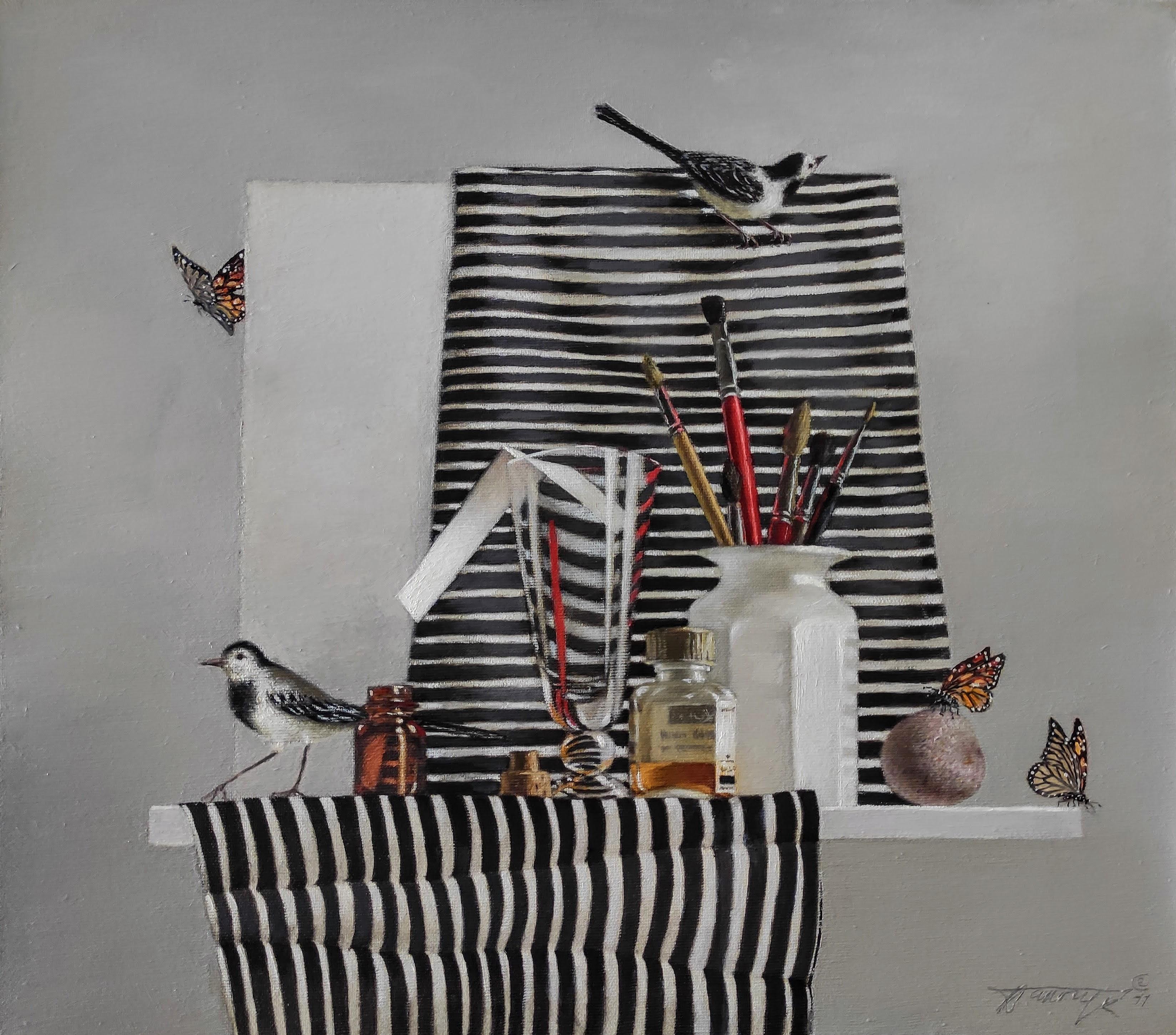 Tatyana Palchuk Still-Life Painting - Still Life With Wagtails. 2011. Oil on linen, 40X45 cm