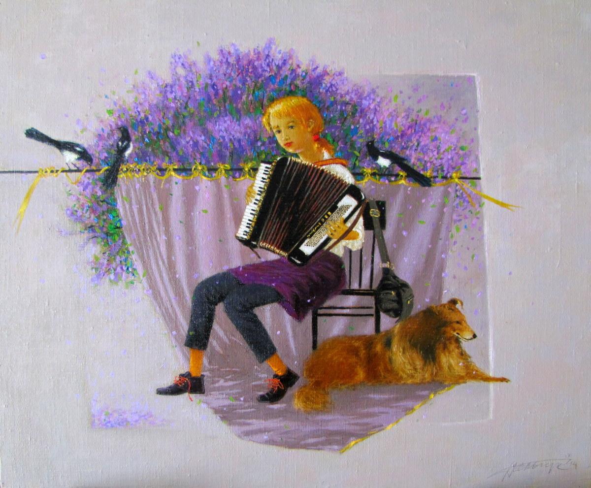 Tatyana Palchuk Figurative Painting - Violet Melody (Accordion time). 2014. Oil on canvas, 50x60 cm 