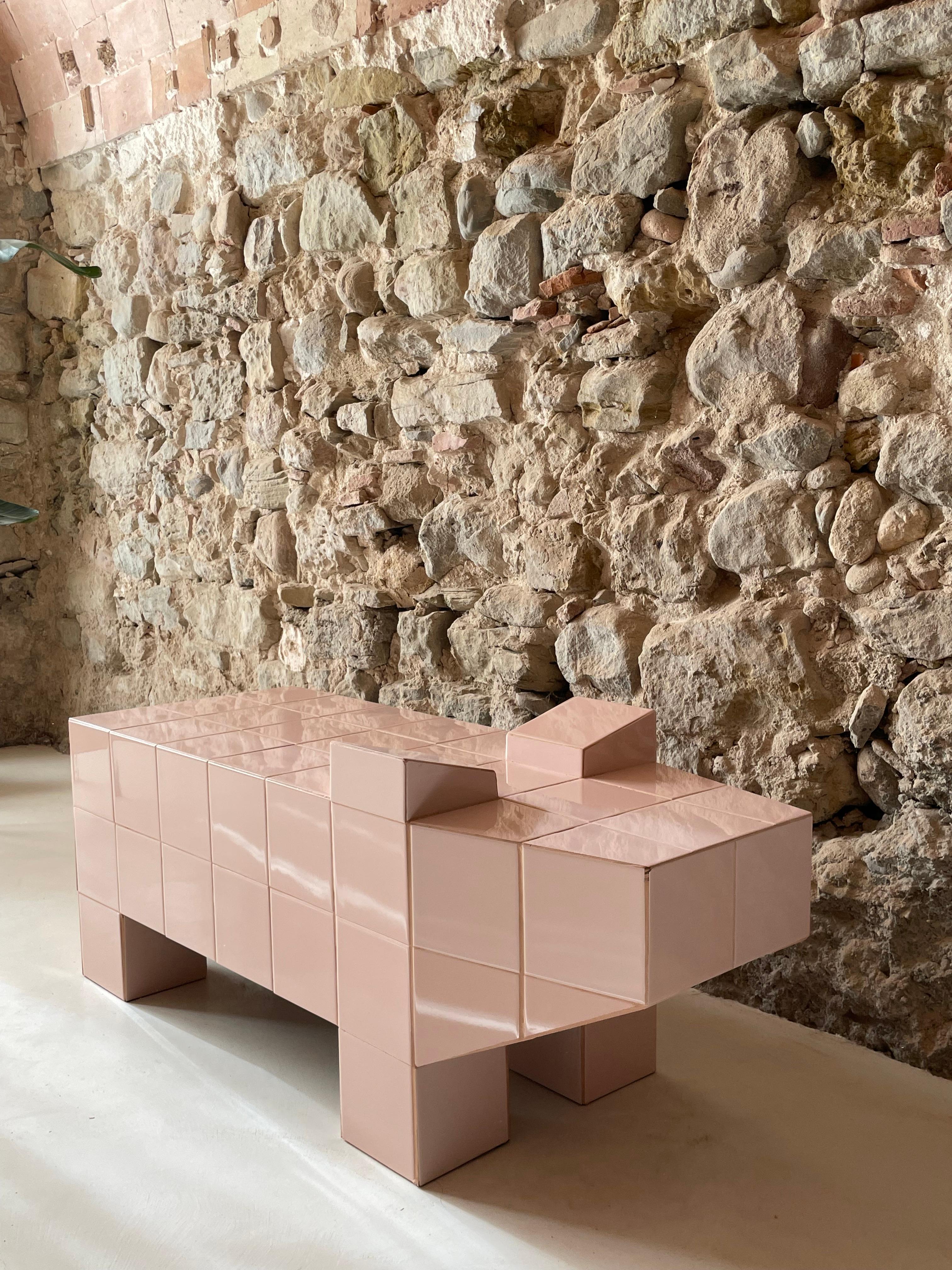 Taula Porca — Pink Pig-Shaped Coffee Table in Hand-Cut Ceramic Tile by Bussoga For Sale 5