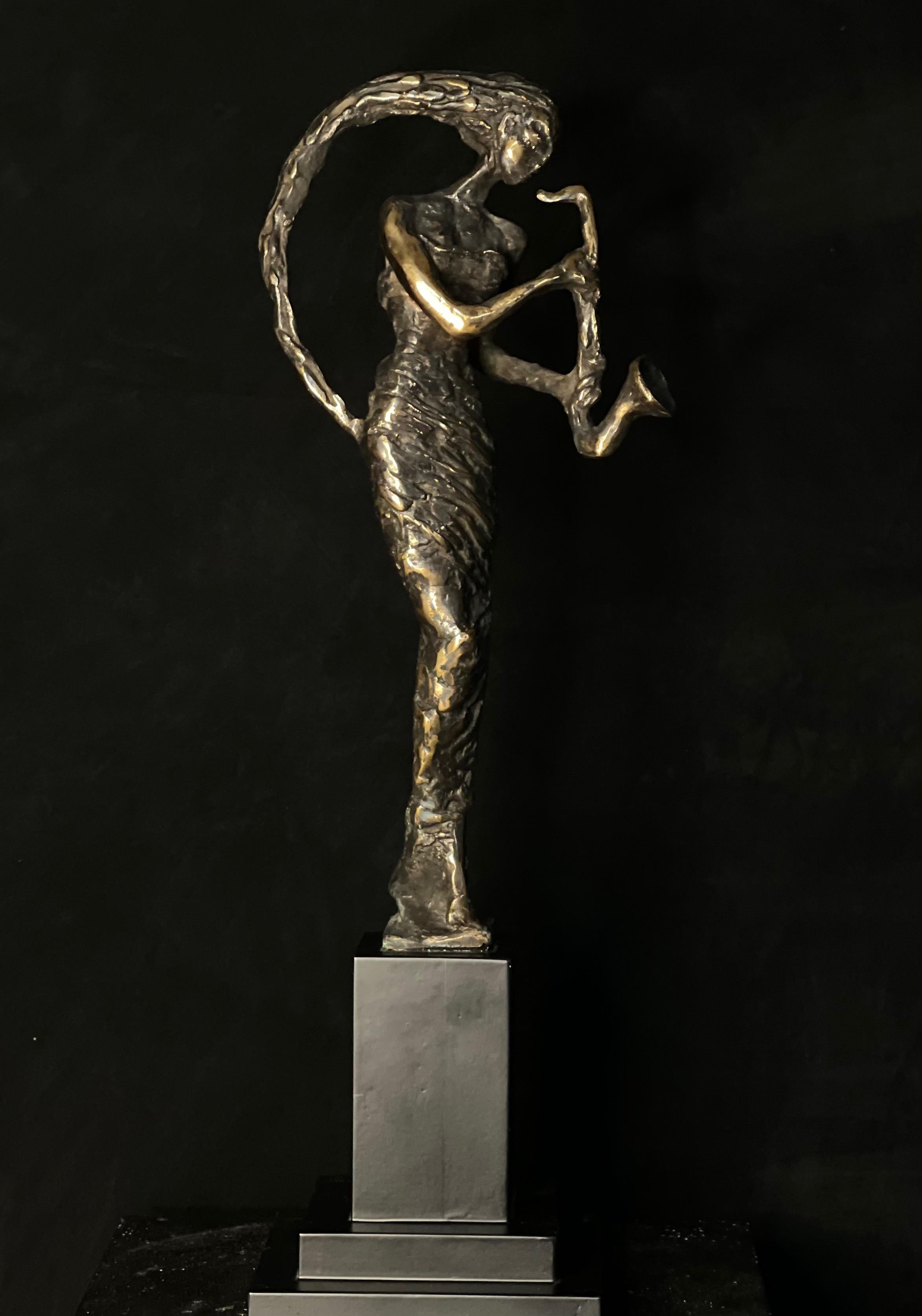 The flutist - flute bronze music sculpture by Tauno Kangro - Sculpture by tauno kangro