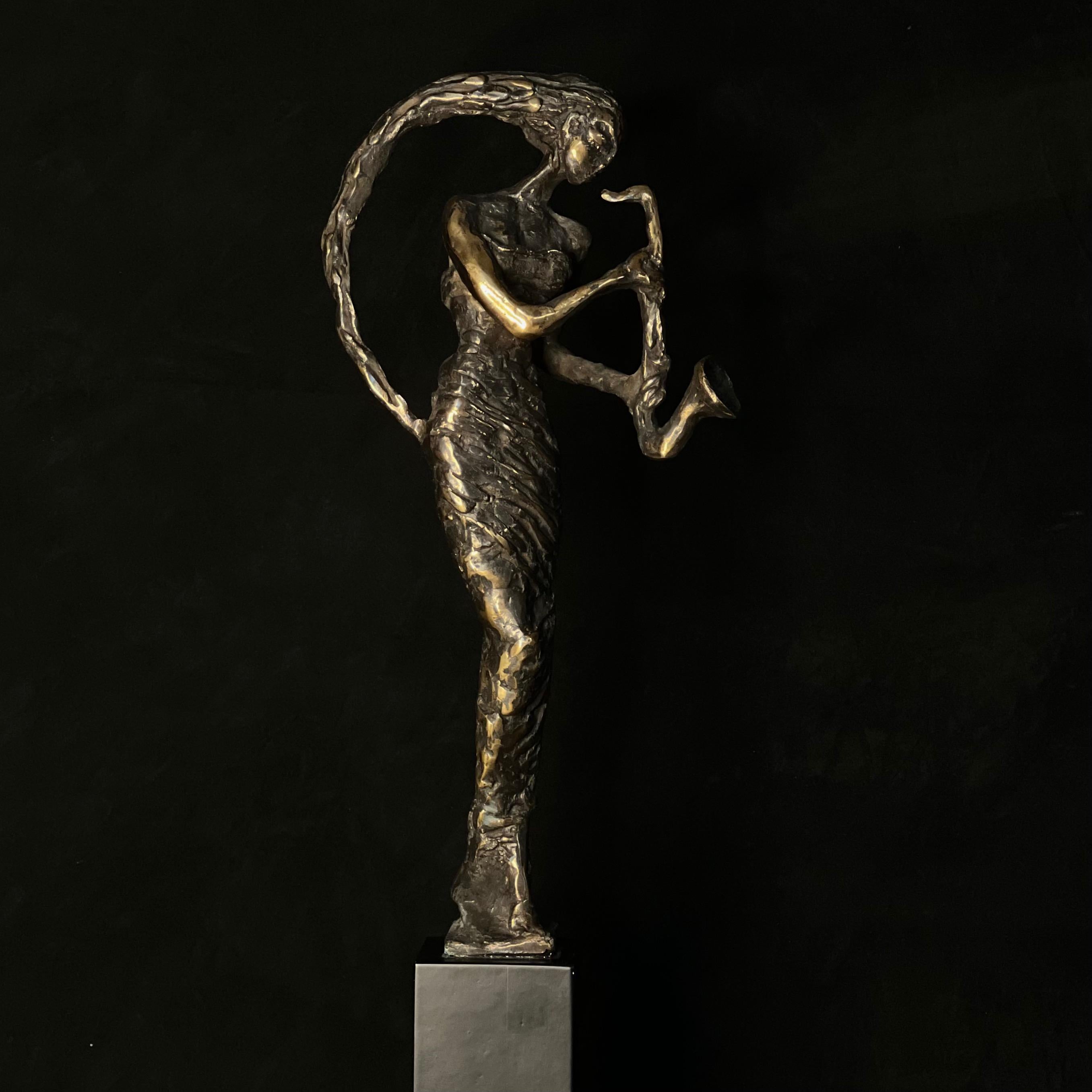 tauno kangro Figurative Sculpture - The flutist - flute bronze music sculpture by Tauno Kangro