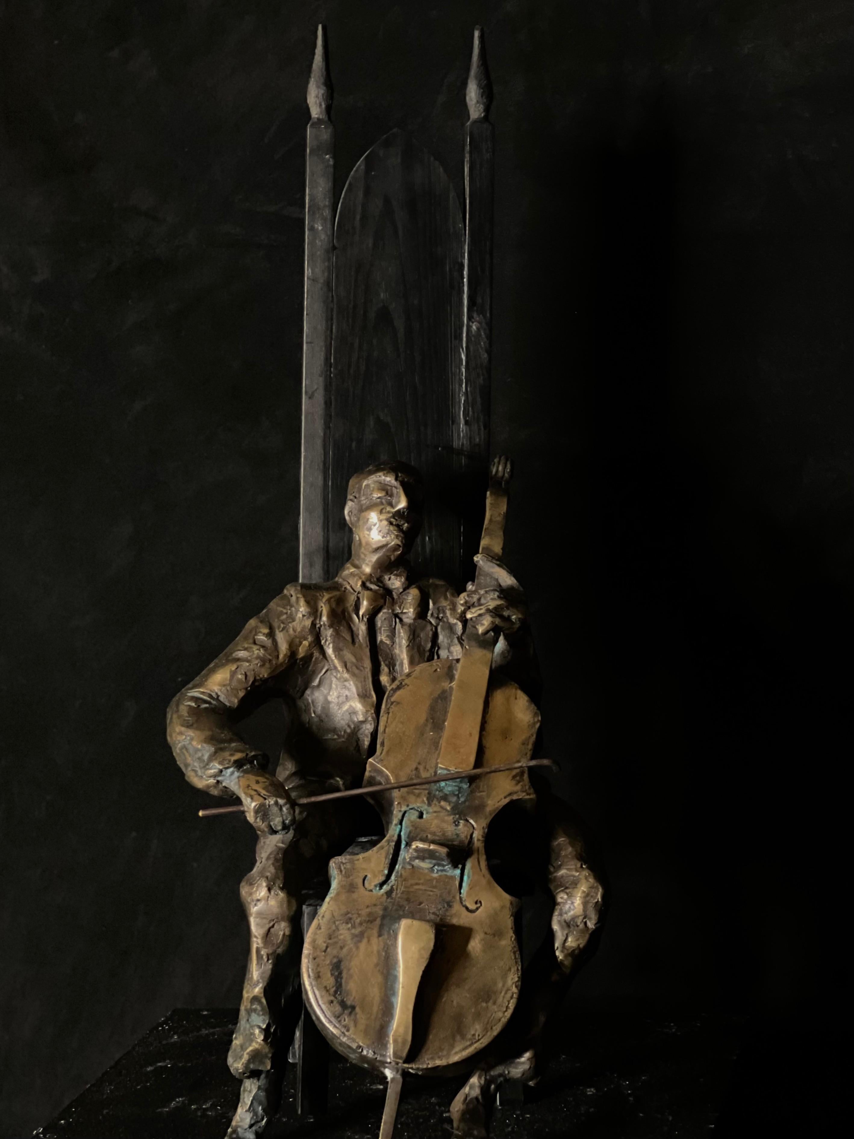Tauno Kangro Figurative Sculpture - The Cello player  - bronze sculpture