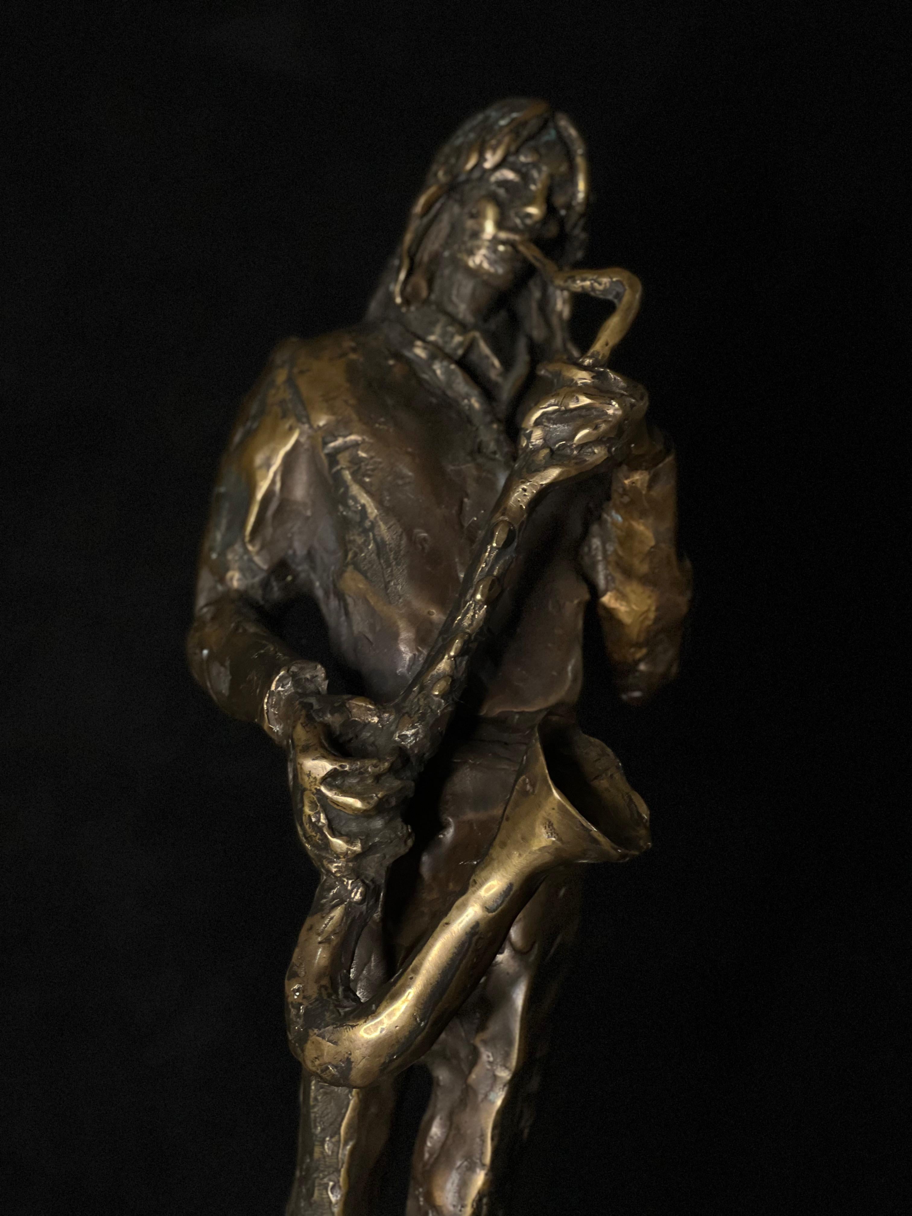 Saxy man - the saxophone player bronze sculpture - Sculpture by Tauno Kangro