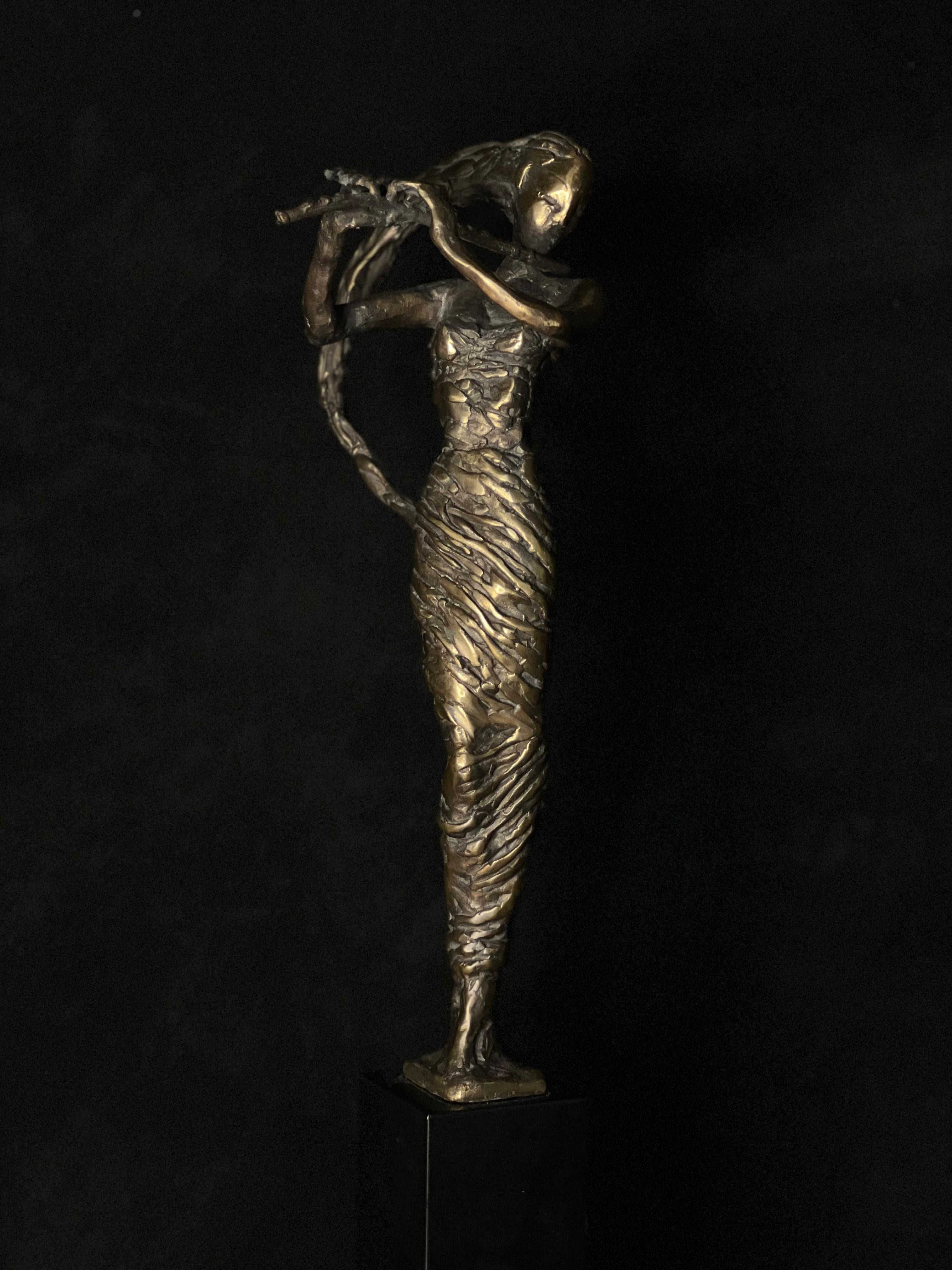 Tauno Kangro Figurative Sculpture - The Flutist - flute bronze music sculpture