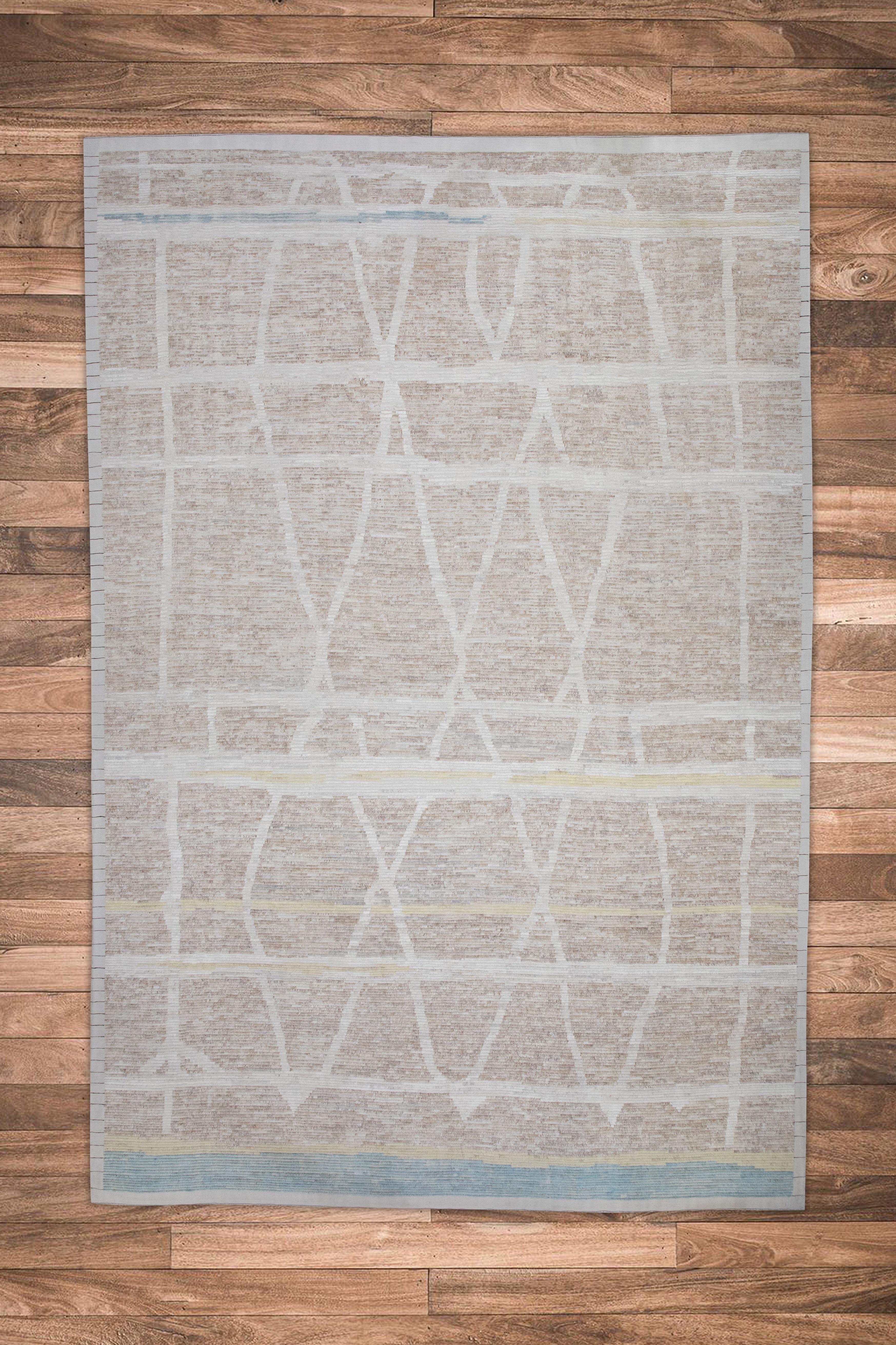 Taupe 21st Century Modern Moroccan Style Wool Rug 10'10