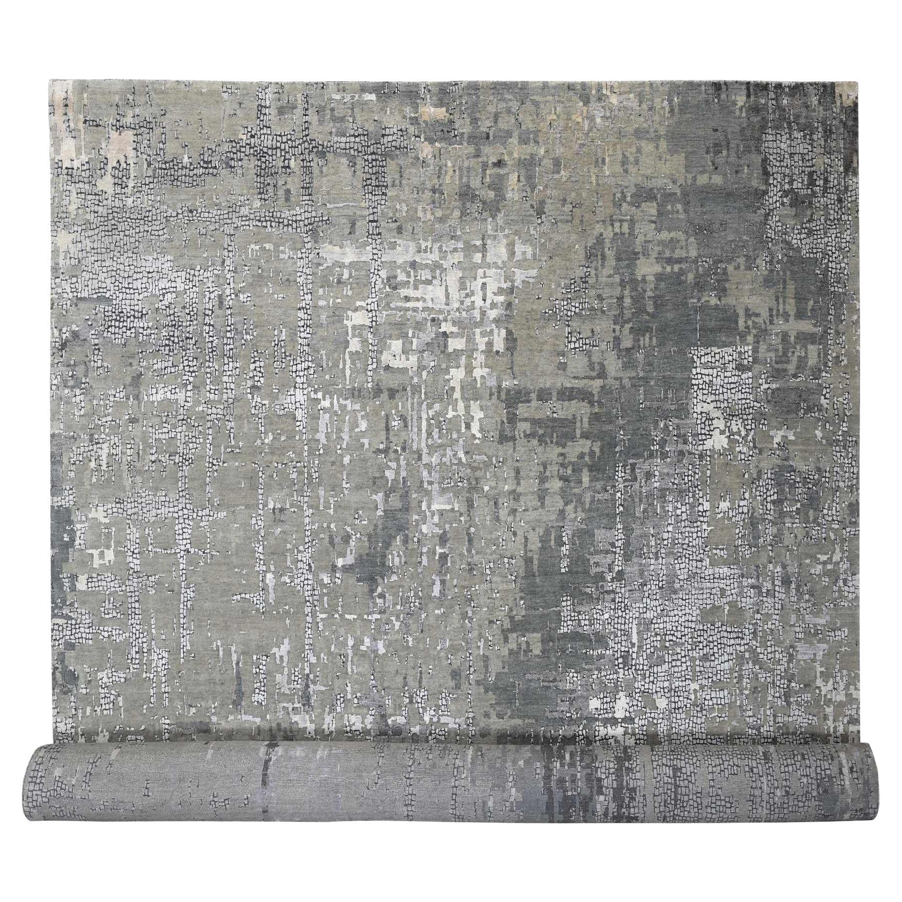 Alfombra Oriental Sobredimensionada de Lana y Seda Anudada a Mano con Diseño de Mosaico Abstracto Topo