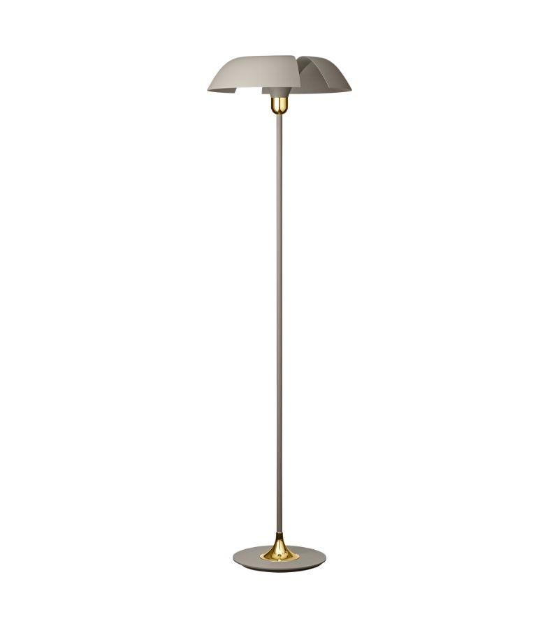 Taupe and gold contemporary floor lamp 
Dimensions: Diameter 45 x height 160 cm 
Materials: Aluminum with powder-coated. Brass plated details, porcelain socket, plastic switch, and black textile cord.
Details: For all lamps, the light source is E27
